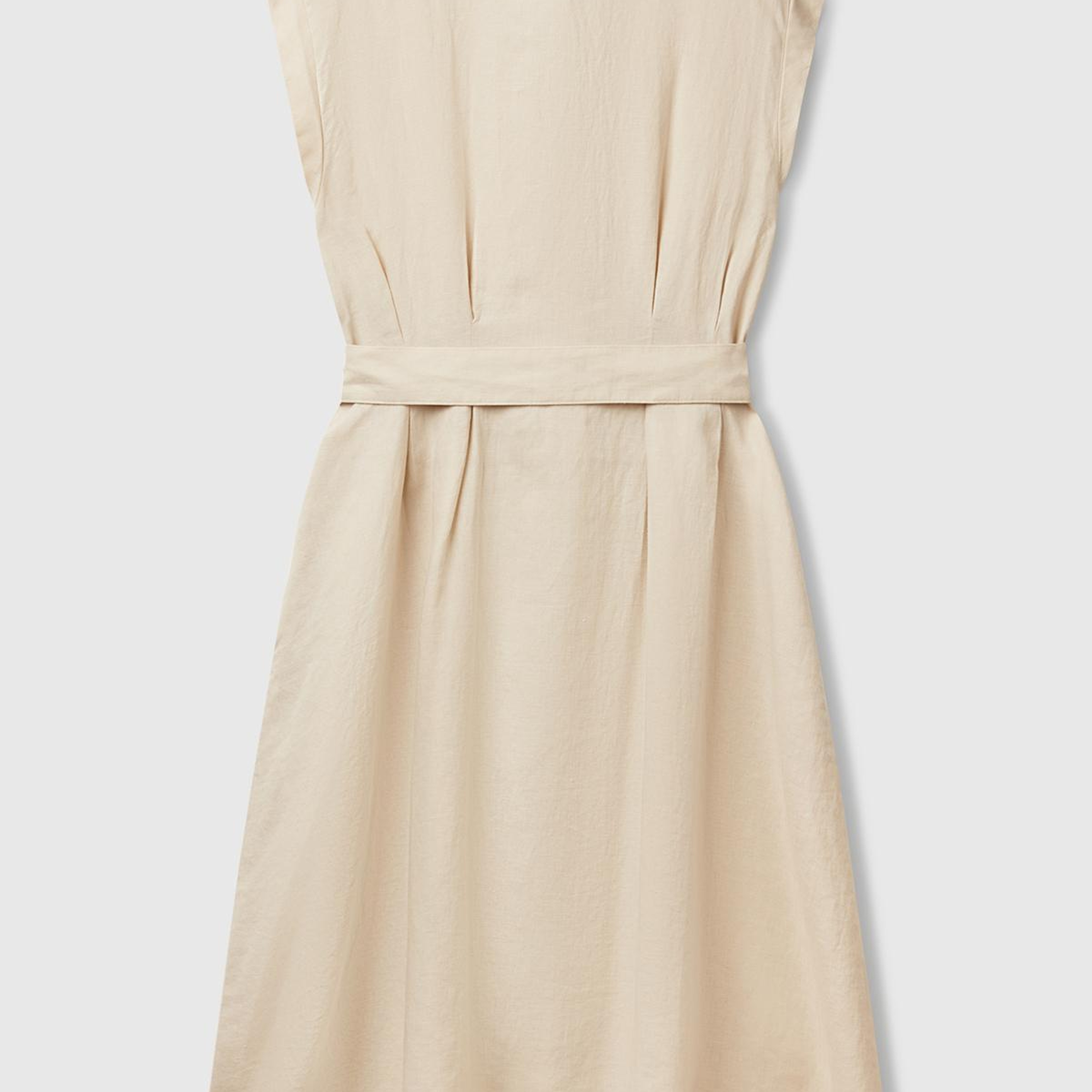 Kadın Taş Rengi %100 Keten Pileli Çıkarılabilir Kuşaklı Gömlek Elbise