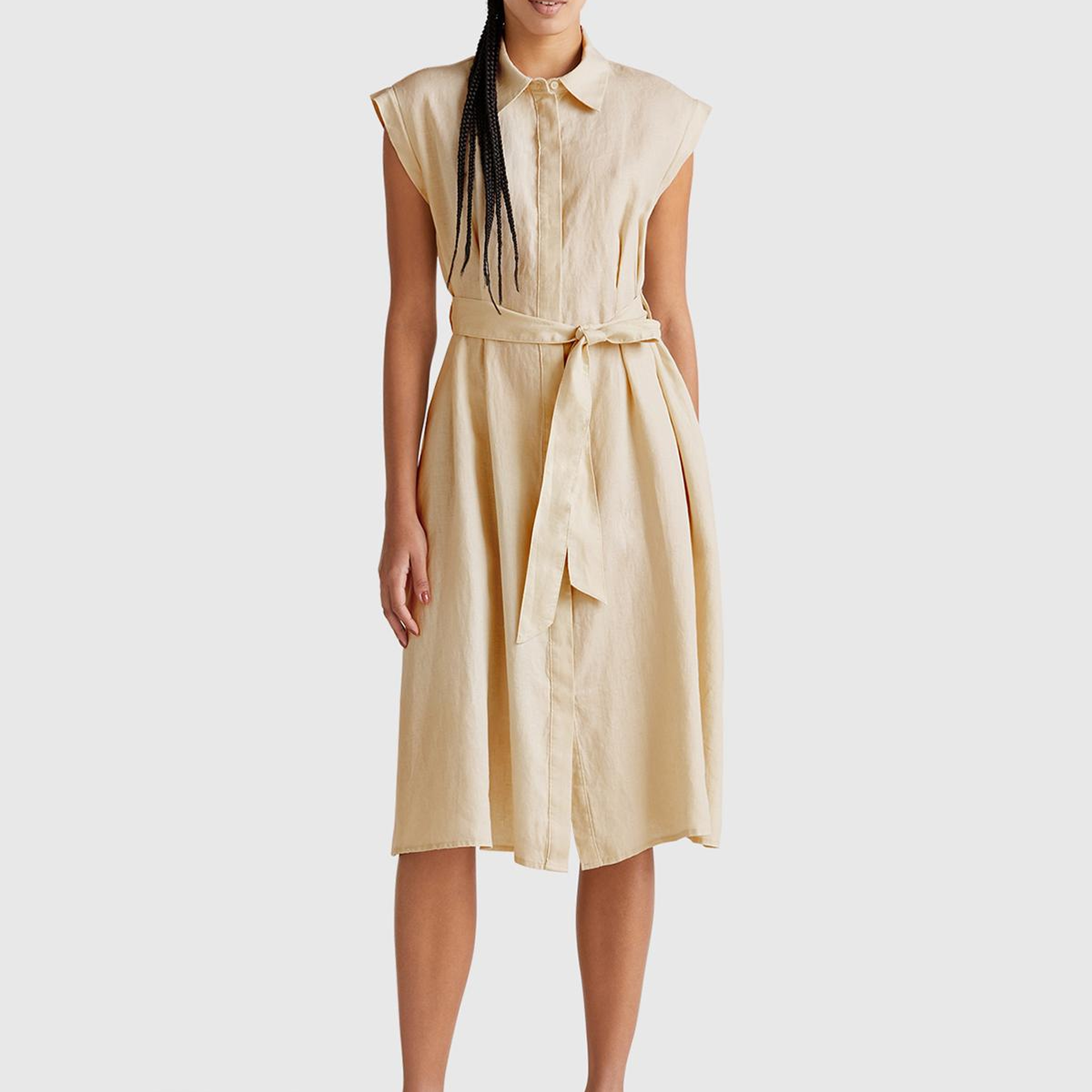 Kadın Taş Rengi %100 Keten Pileli Çıkarılabilir Kuşaklı Gömlek Elbise