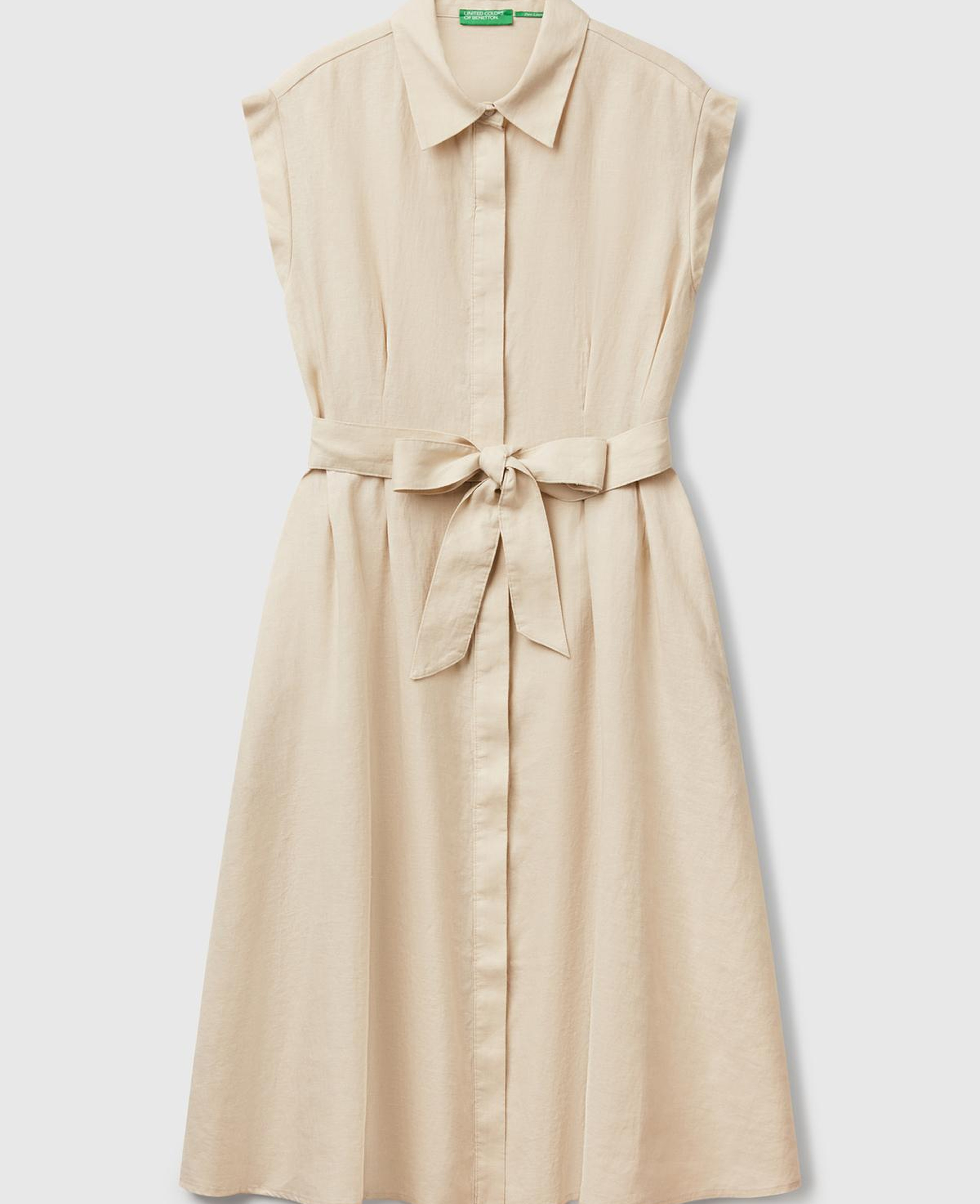 Kadın Taş Rengi %100 Keten Pileli Çıkarılabilir Kuşaklı Gömlek Elbise