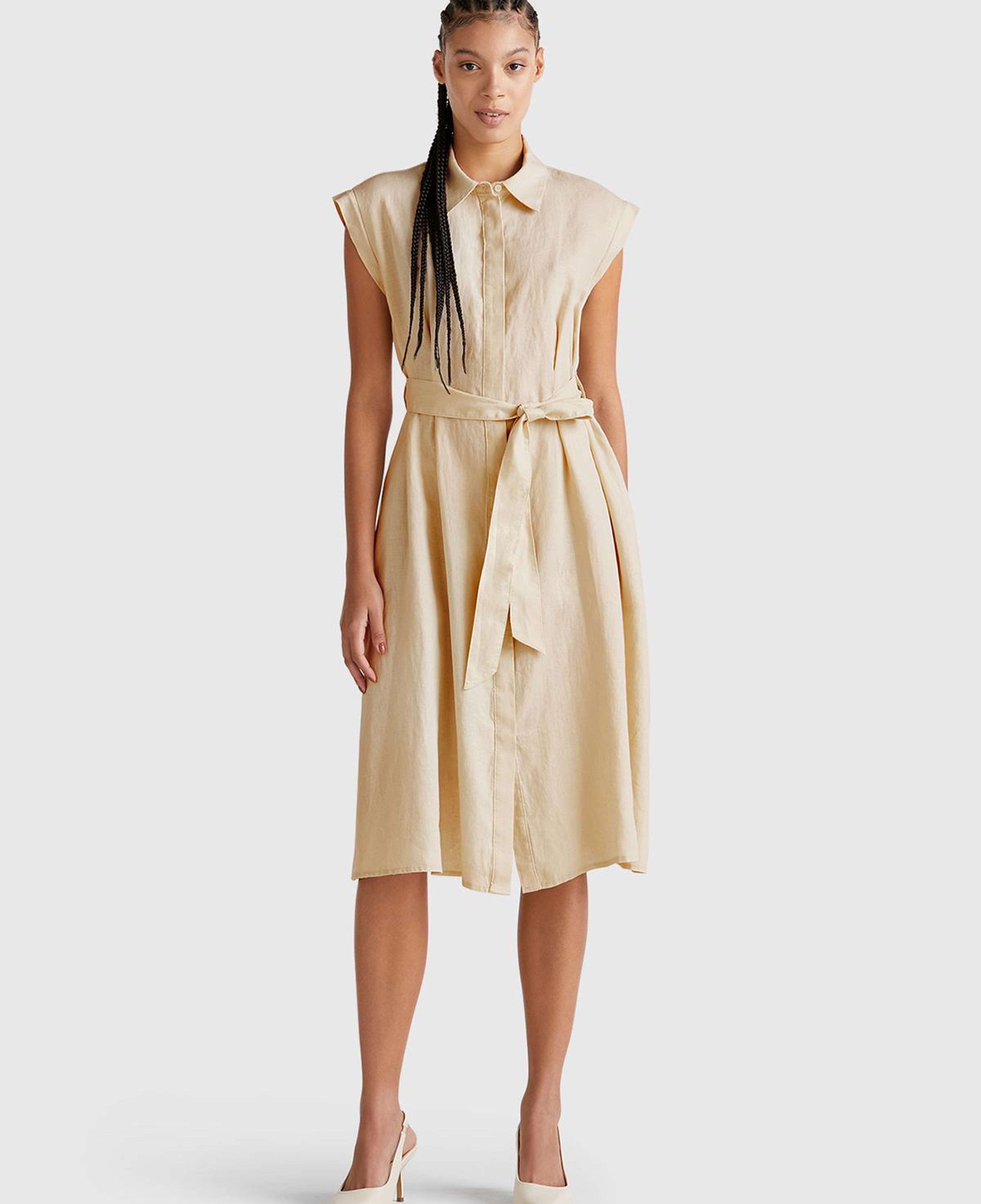 Kadın Taş Rengi %100 Keten Pileli Çıkarılabilir Kuşaklı Gömlek Elbise