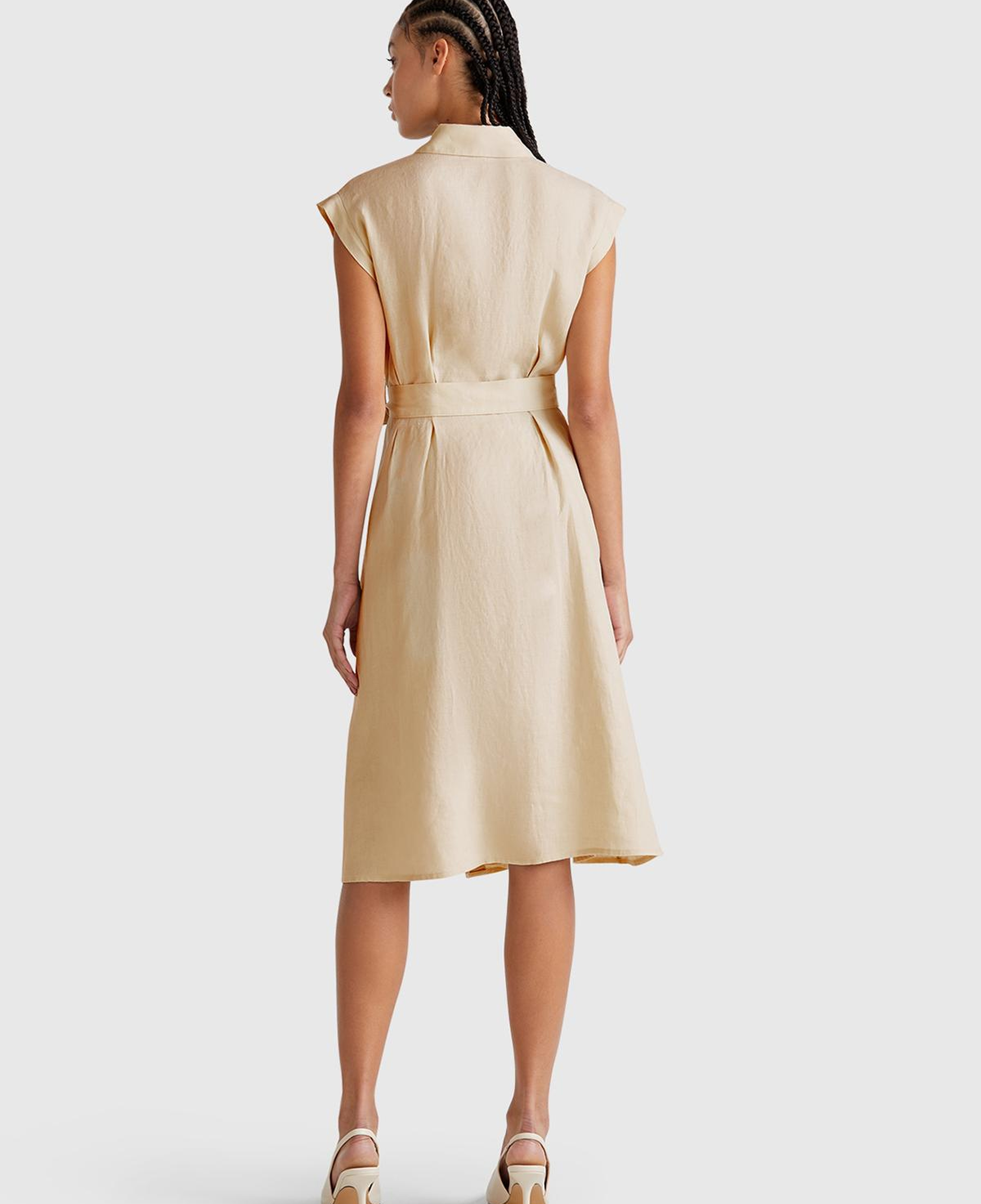 Kadın Taş Rengi %100 Keten Pileli Çıkarılabilir Kuşaklı Gömlek Elbise