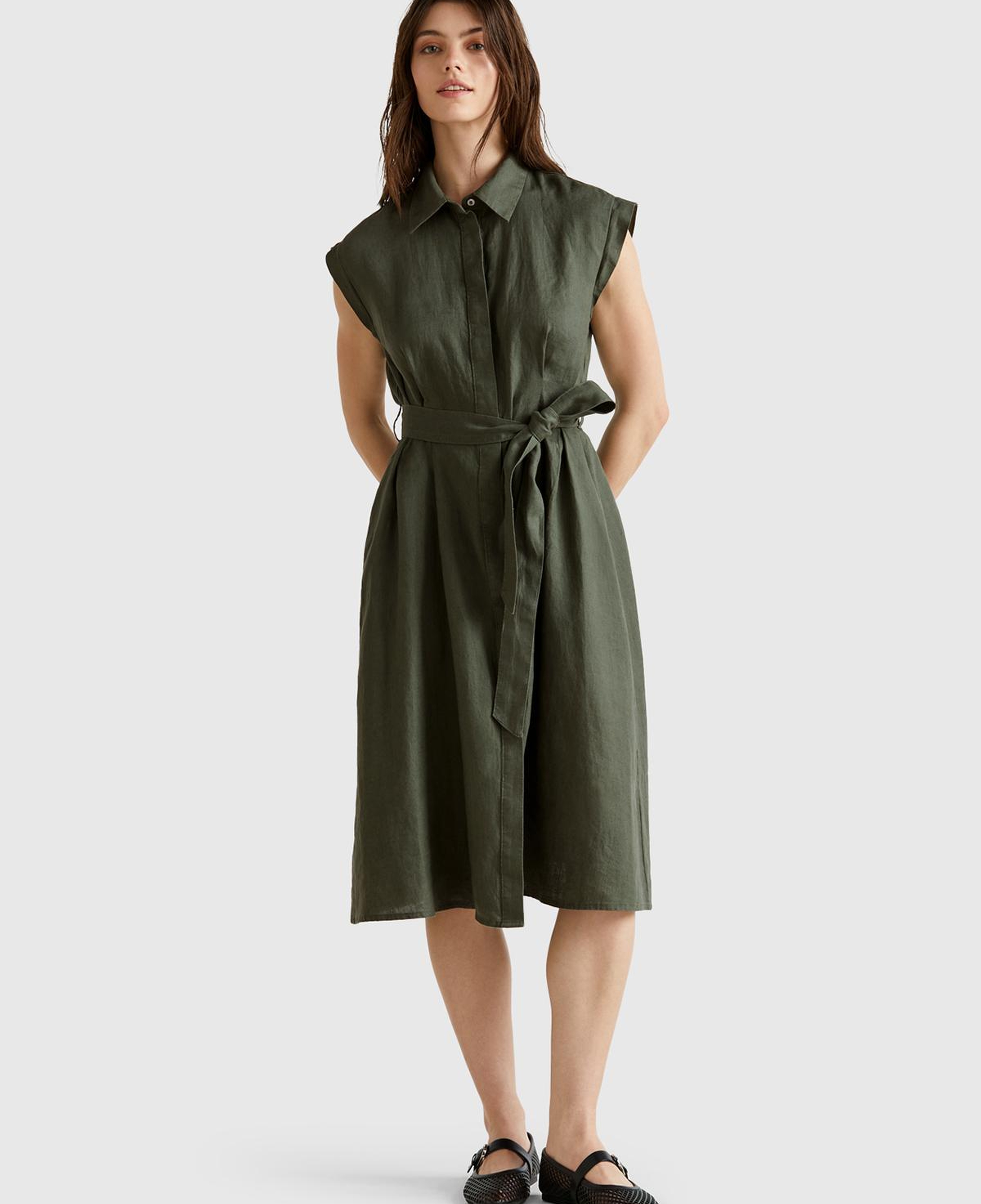 Kadın Haki %100 Keten Pileli Çıkarılabilir Kuşaklı Gömlek Elbise