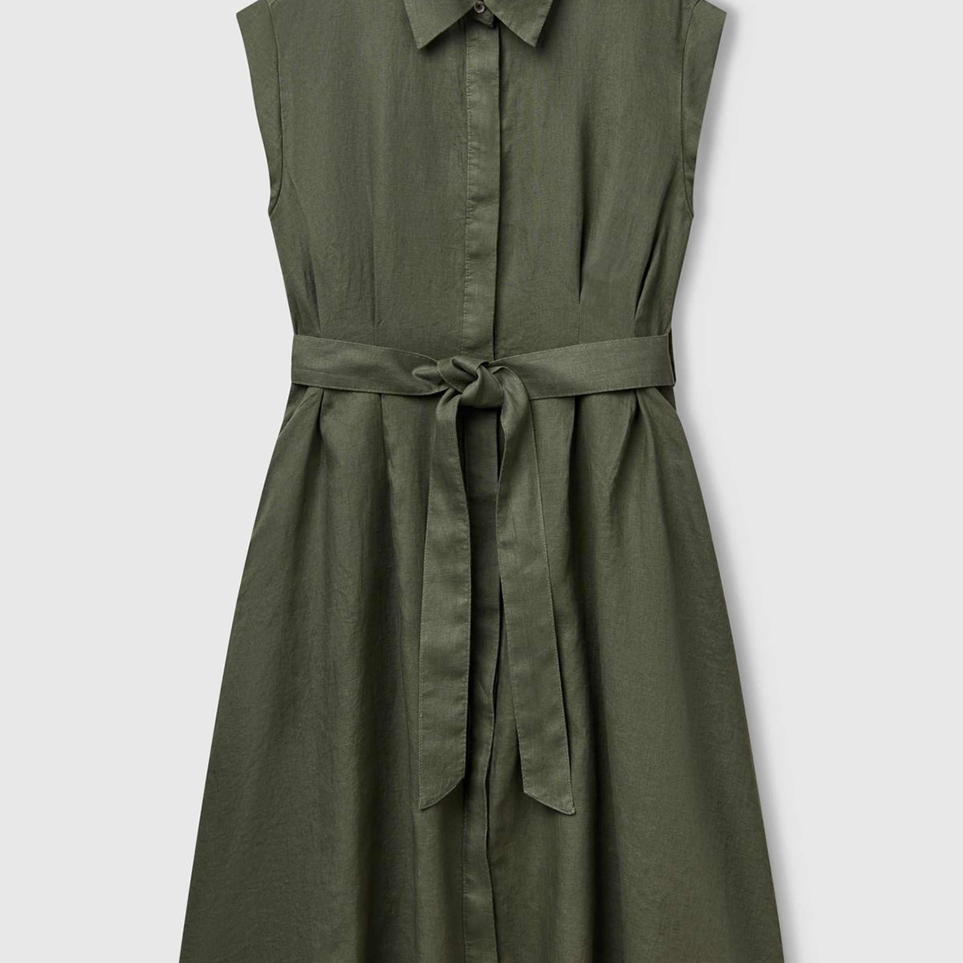 Kadın Haki %100 Keten Pileli Çıkarılabilir Kuşaklı Gömlek Elbise
