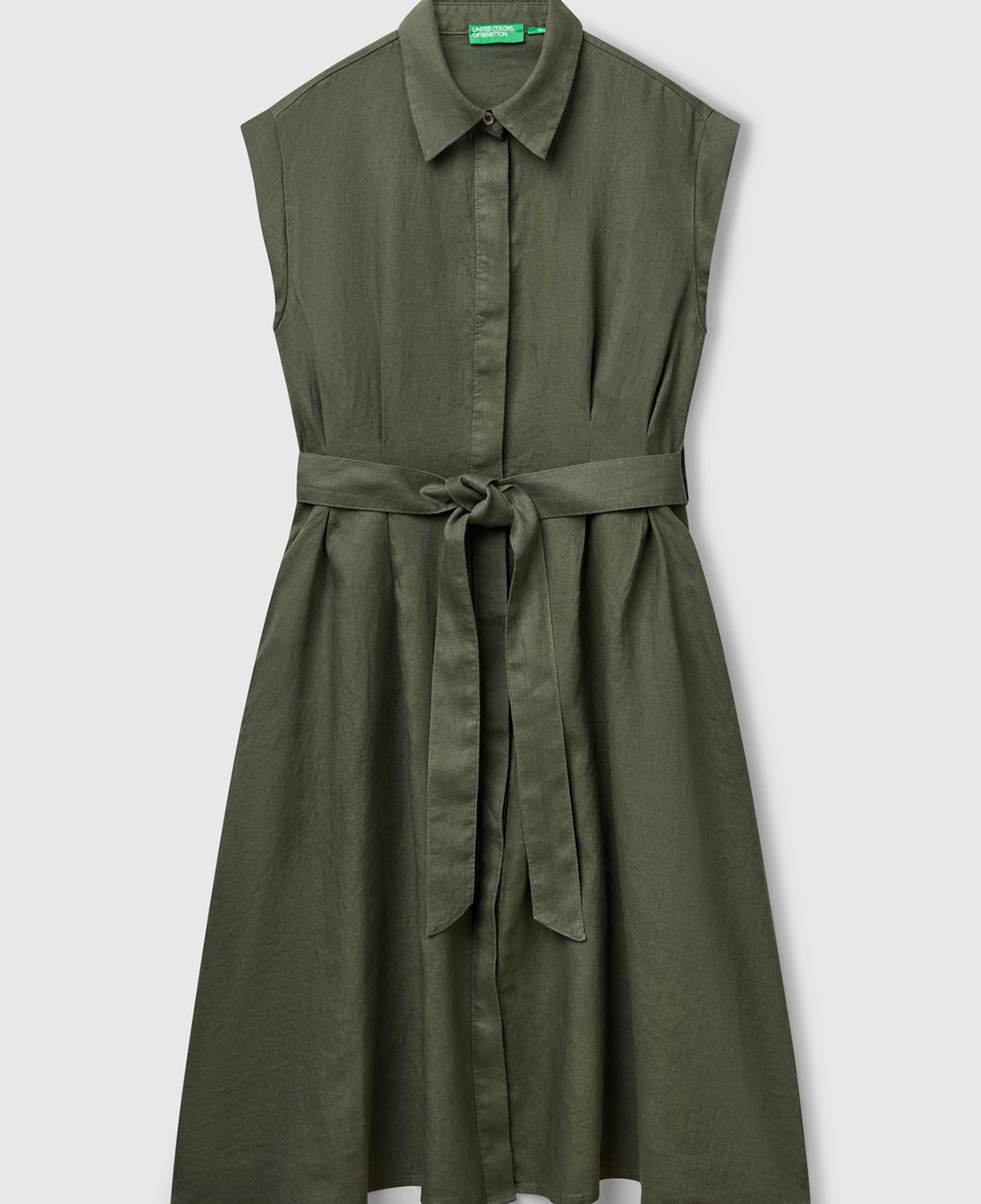 Kadın Haki %100 Keten Pileli Çıkarılabilir Kuşaklı Gömlek Elbise