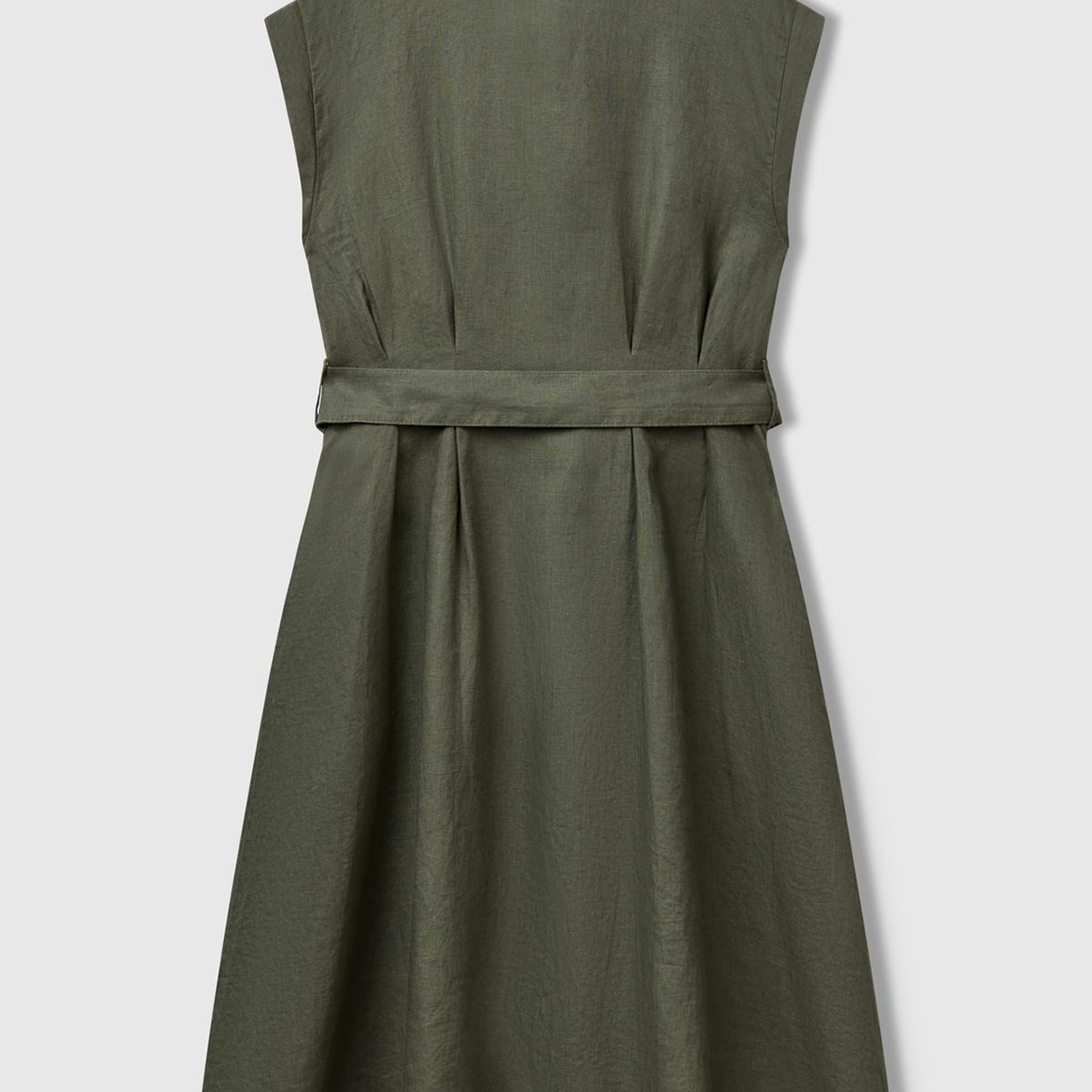 Kadın Haki %100 Keten Pileli Çıkarılabilir Kuşaklı Gömlek Elbise