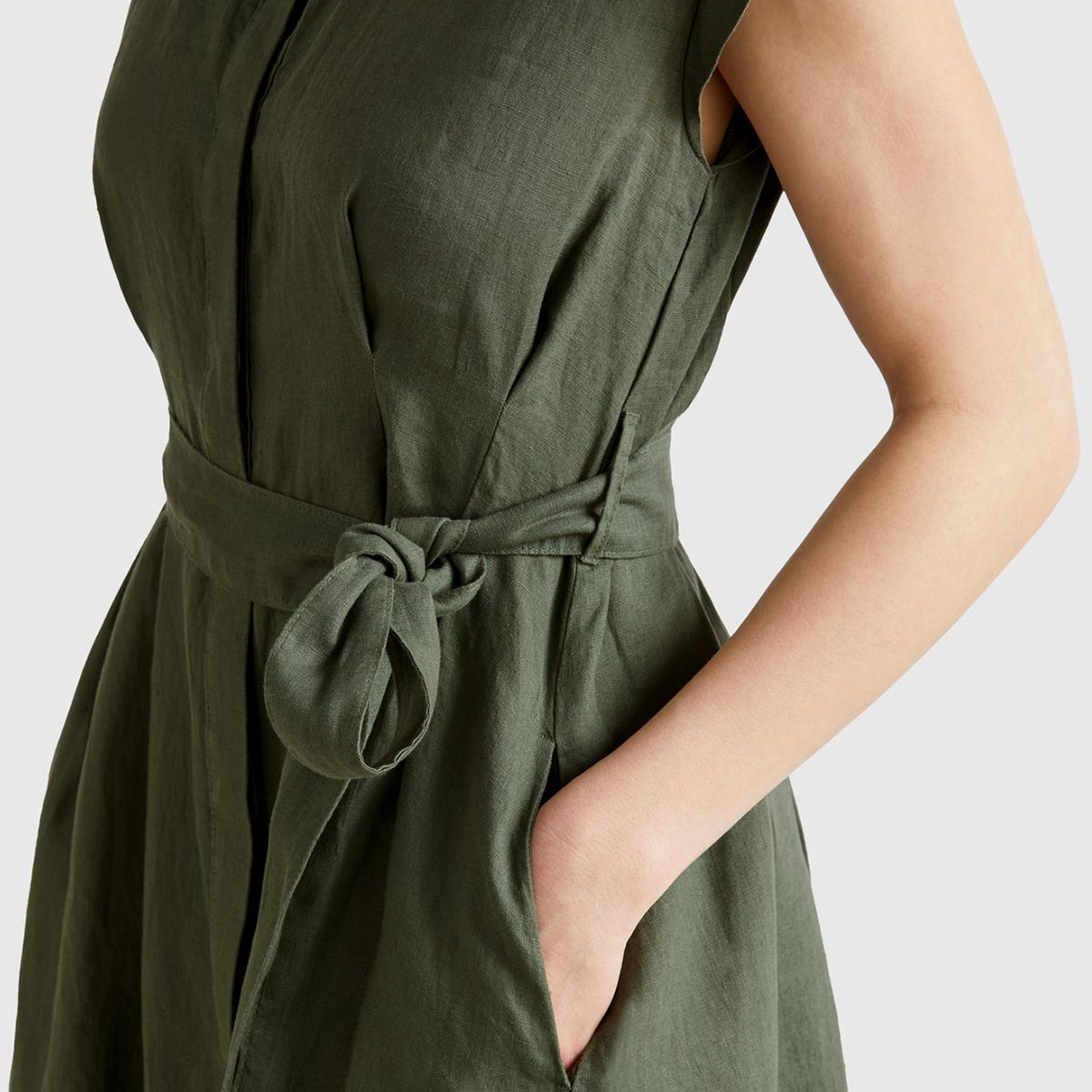 Kadın Haki %100 Keten Pileli Çıkarılabilir Kuşaklı Gömlek Elbise