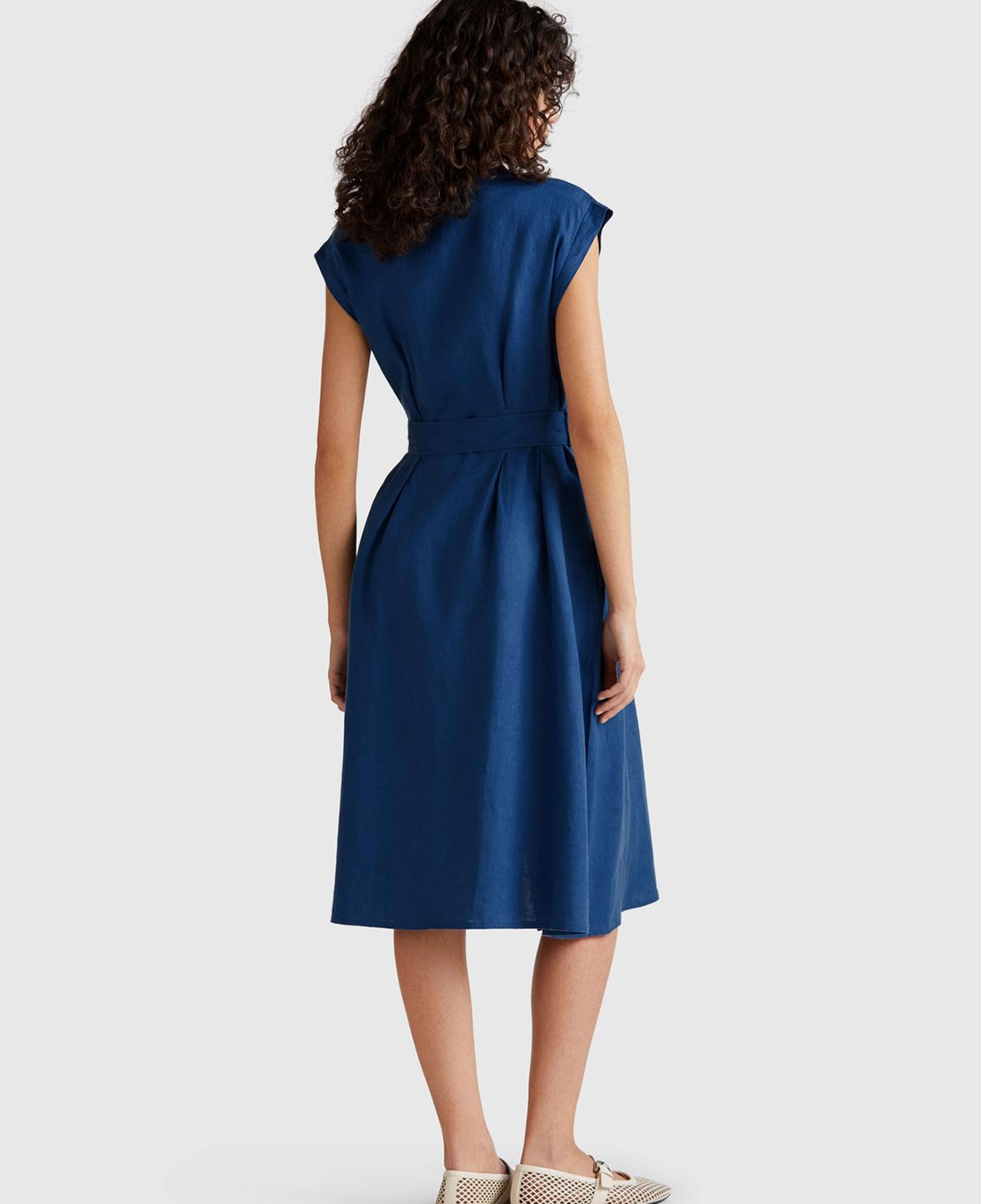 Kadın Denim %100 Keten Pileli Çıkarılabilir Kuşaklı Gömlek Elbise