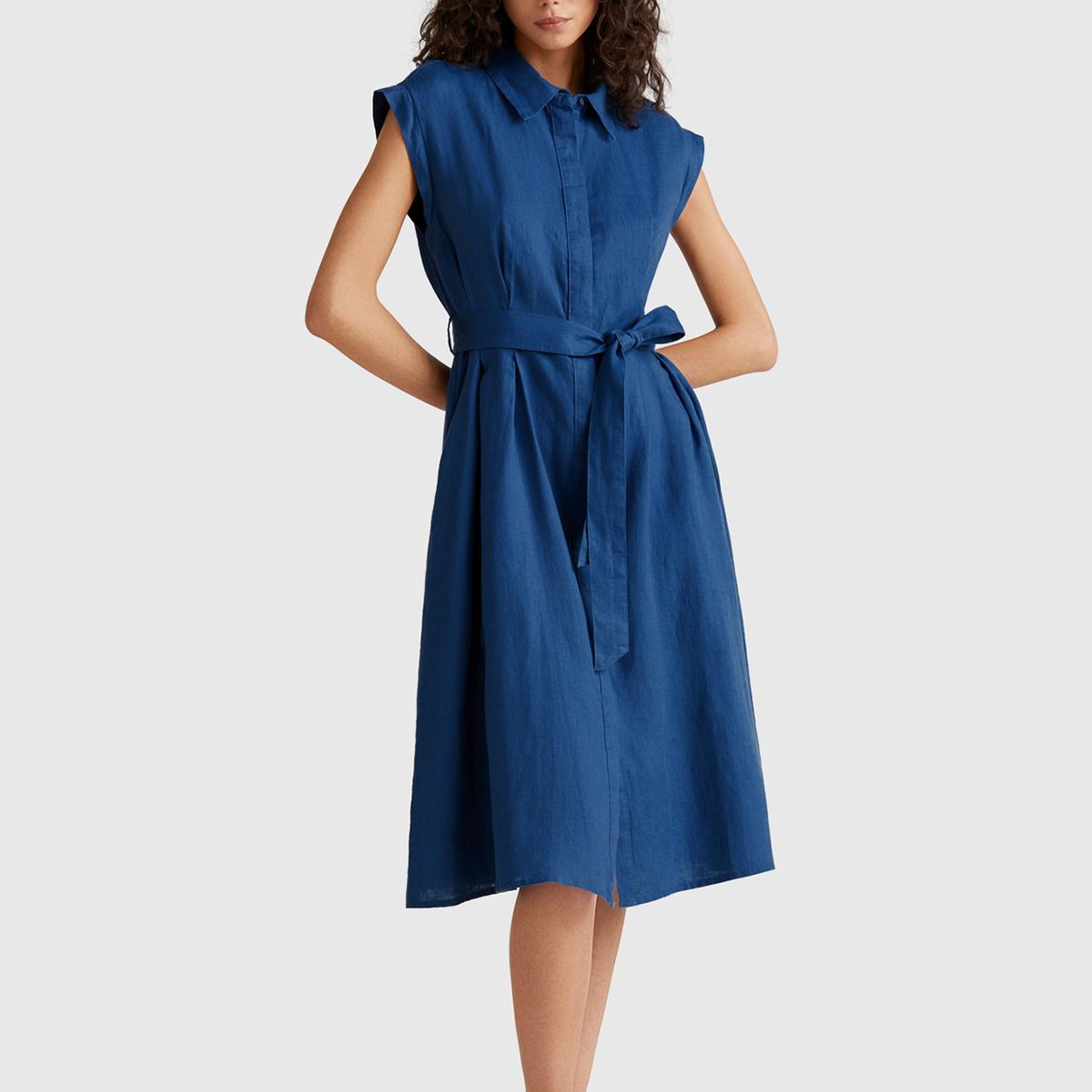 Kadın Denim %100 Keten Pileli Çıkarılabilir Kuşaklı Gömlek Elbise