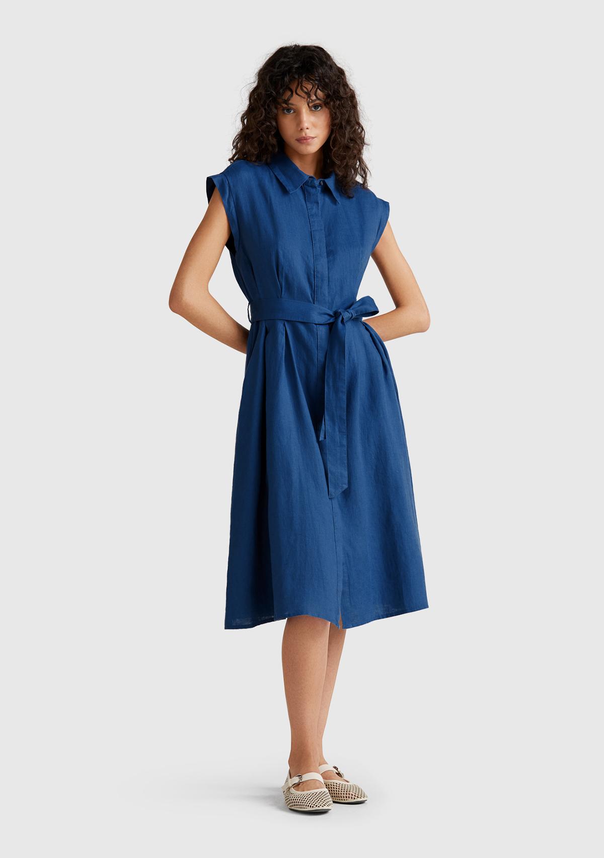 Kadın Denim %100 Keten Pileli Çıkarılabilir Kuşaklı Gömlek Elbise