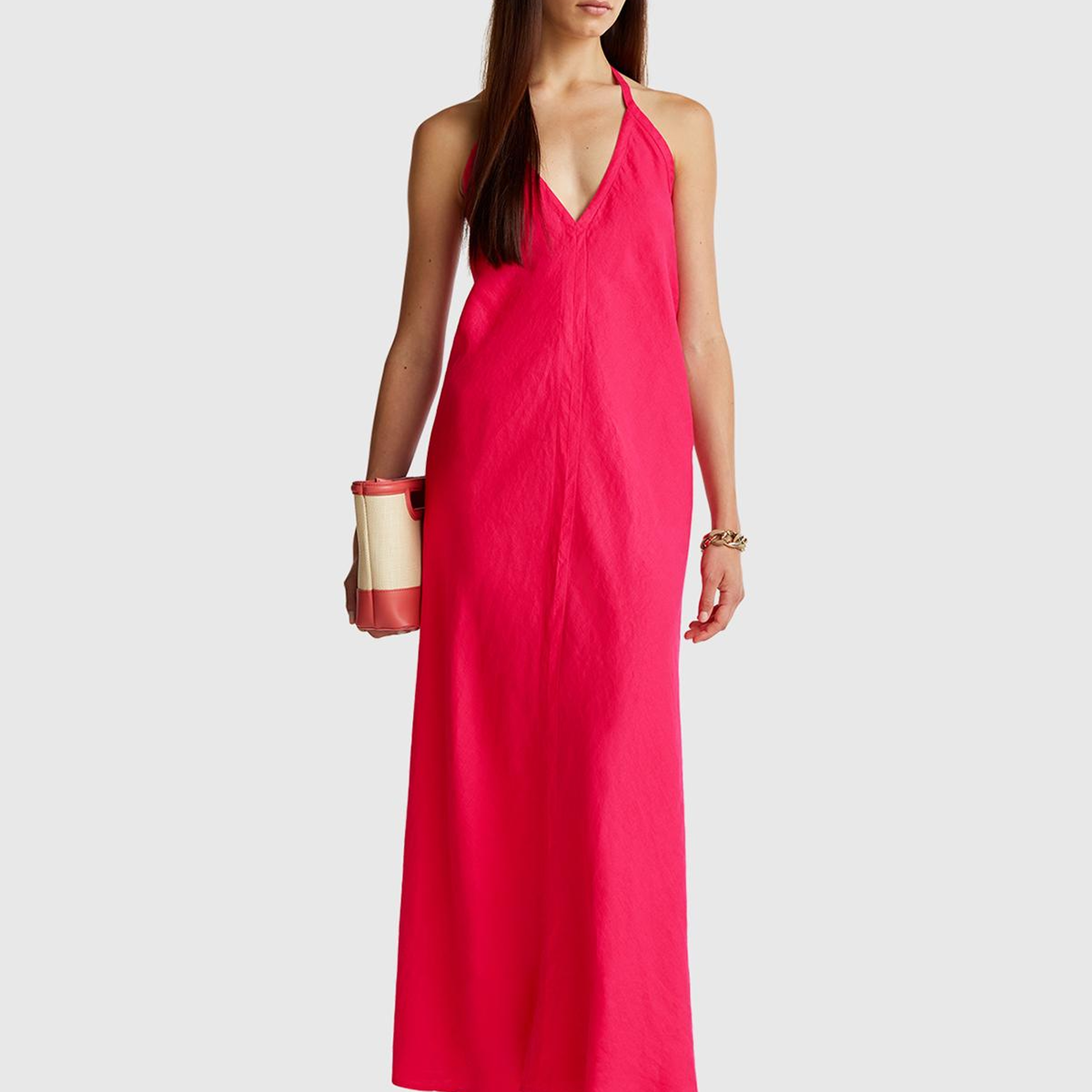 Kadın Fuşya %100 Keten Sırtı Açık Uzun Elbise