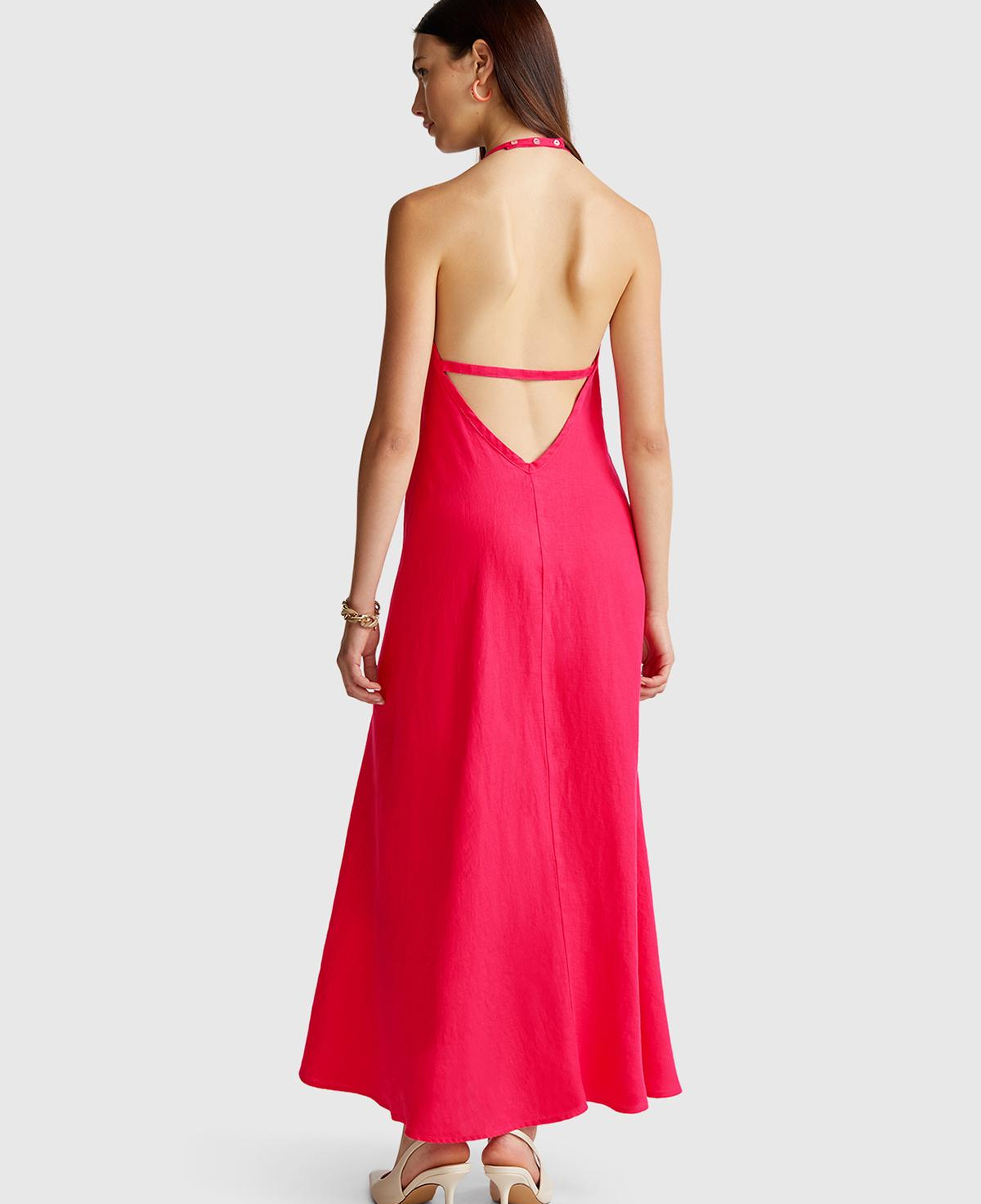 Kadın Fuşya %100 Keten Sırtı Açık Uzun Elbise