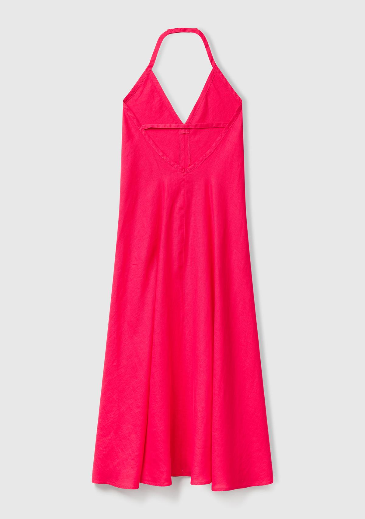 Kadın Fuşya %100 Keten Sırtı Açık Uzun Elbise