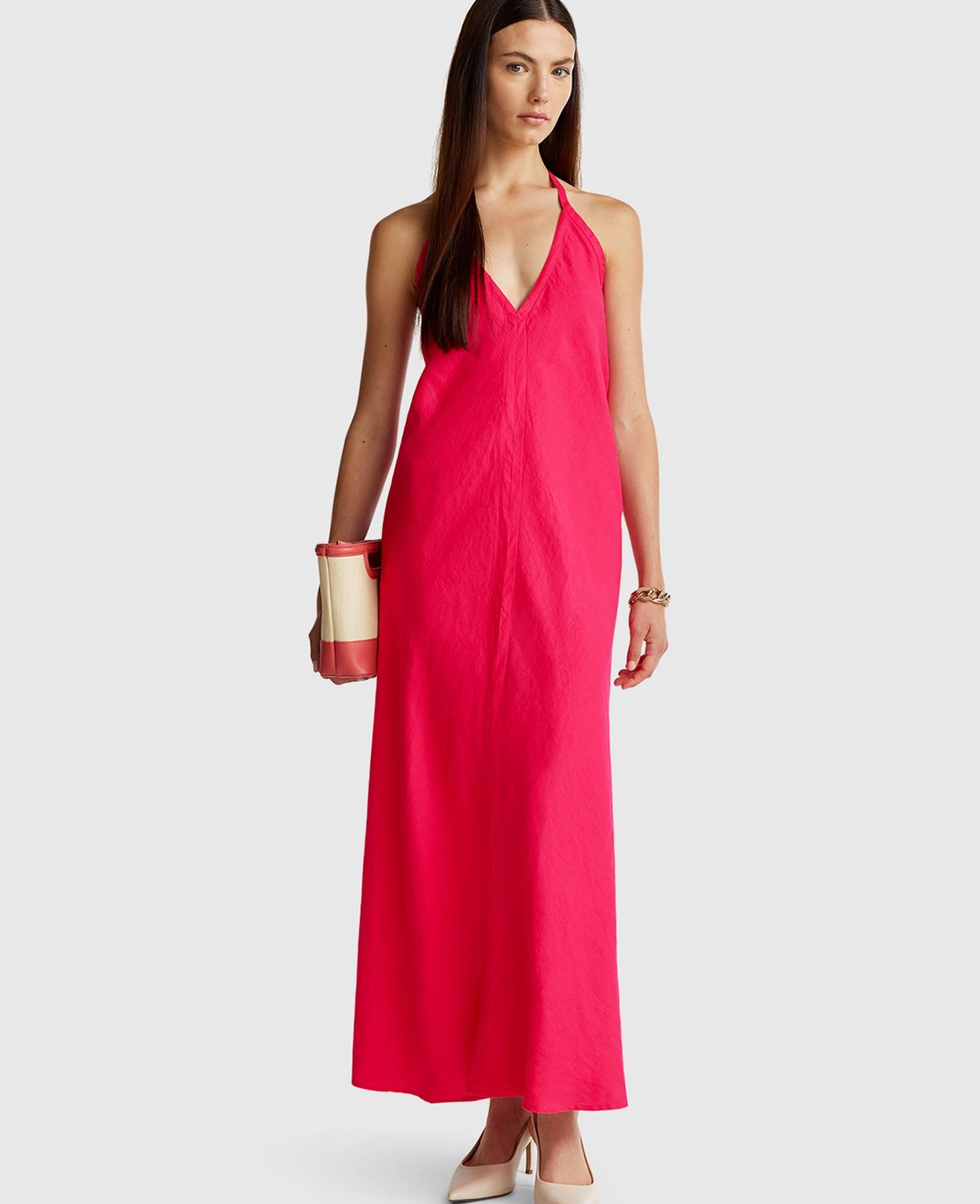 Kadın Fuşya %100 Keten Sırtı Açık Uzun Elbise