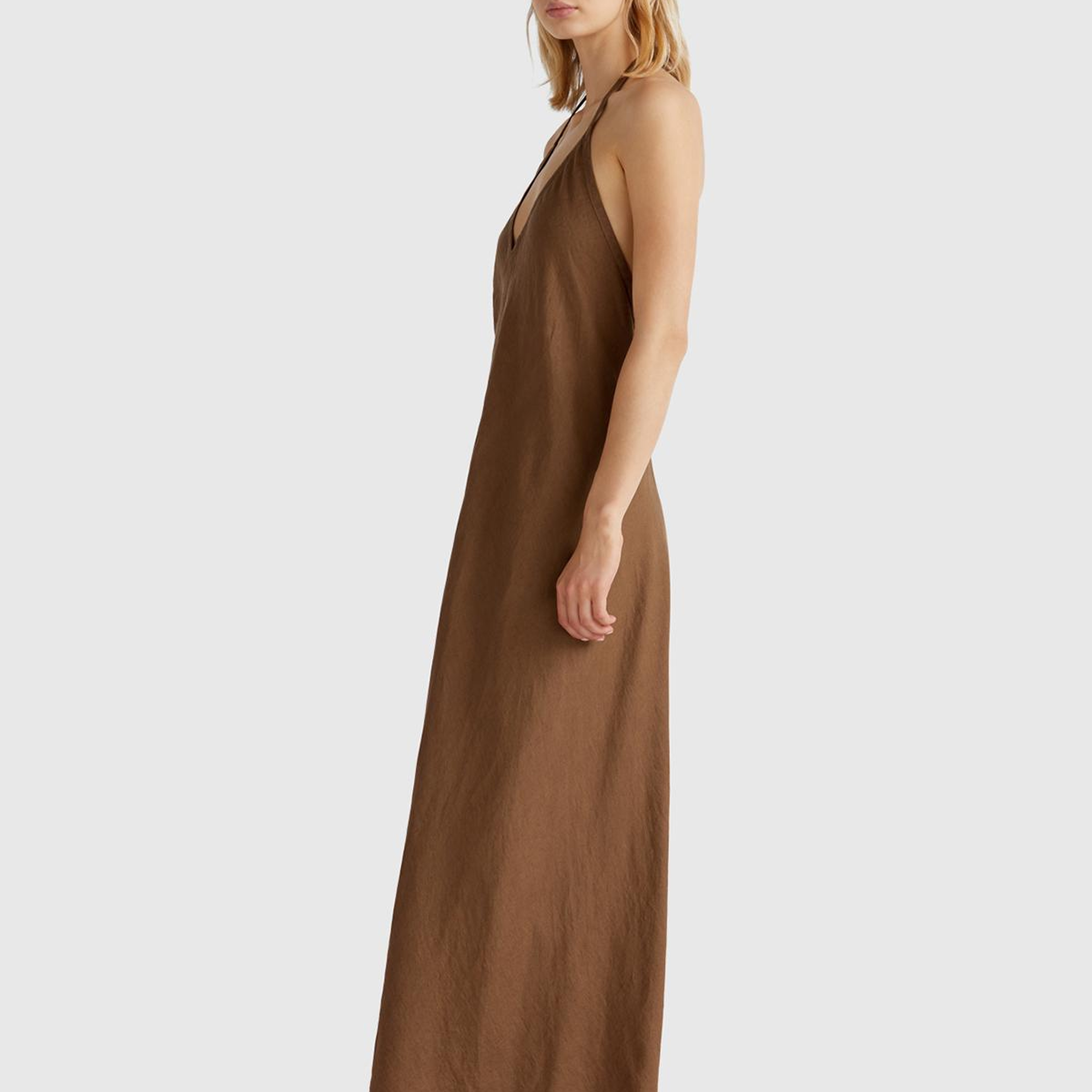 Kadın Kahverengi %100 Keten Sırtı Açık Uzun Elbise