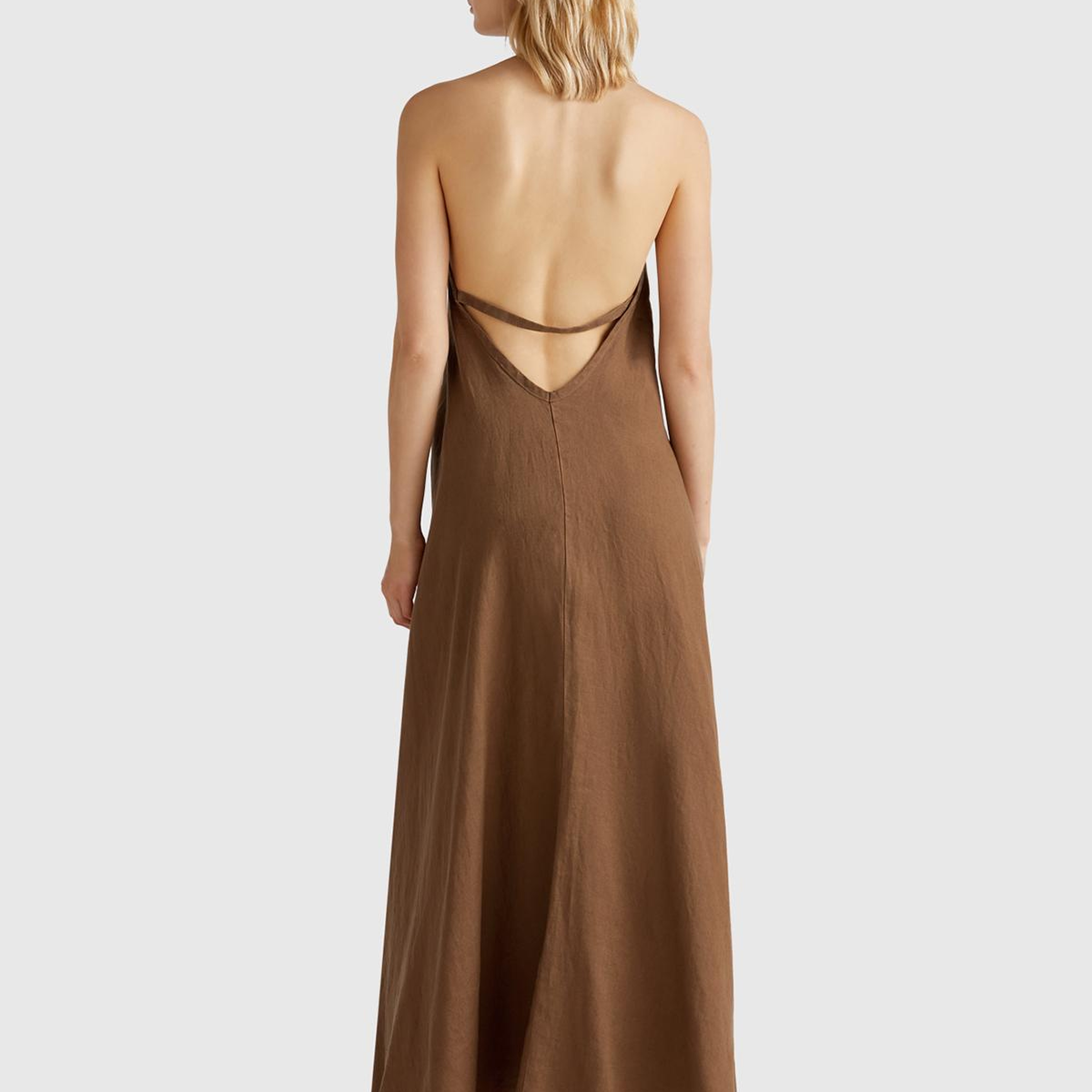 Kadın Kahverengi %100 Keten Sırtı Açık Uzun Elbise