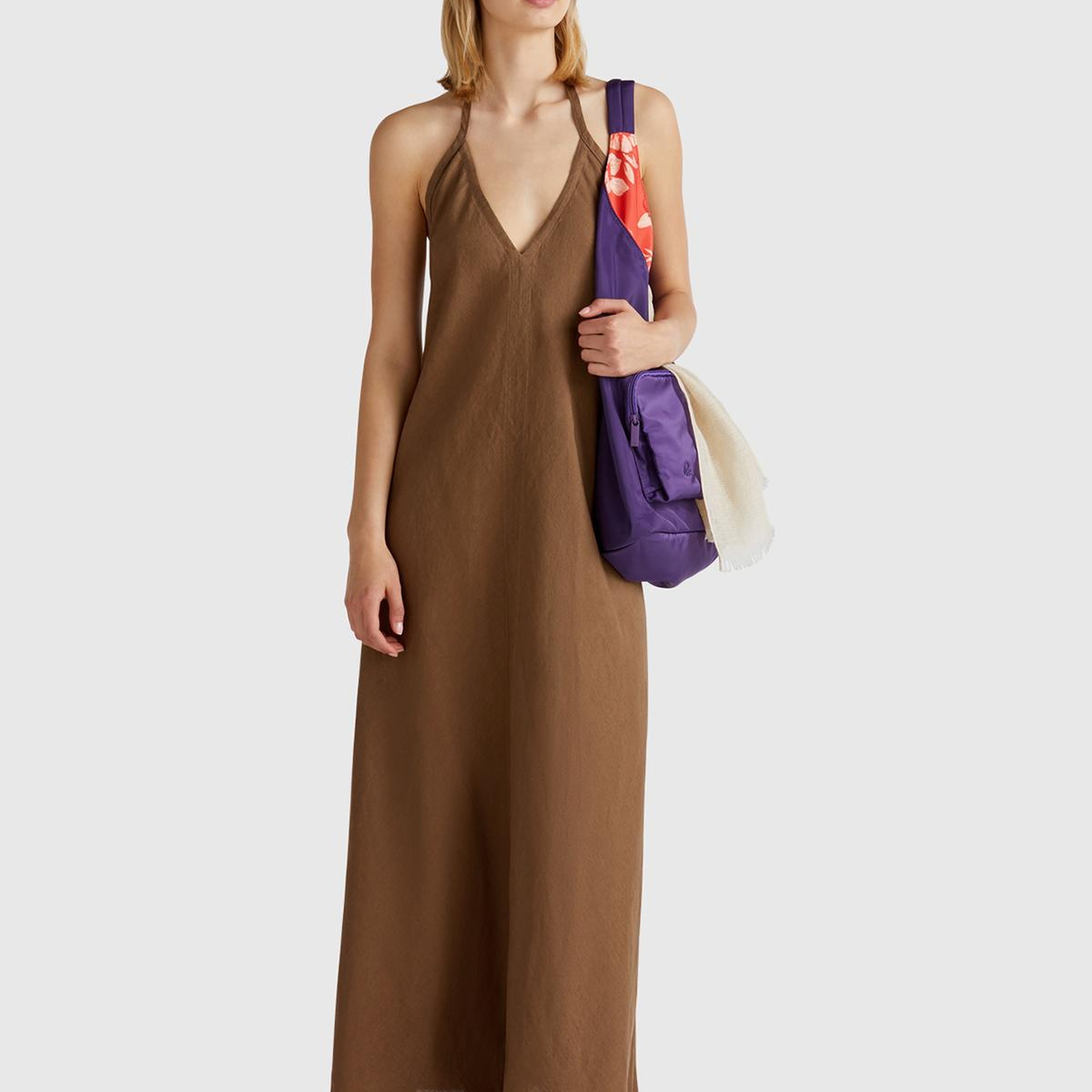 Kadın Kahverengi %100 Keten Sırtı Açık Uzun Elbise