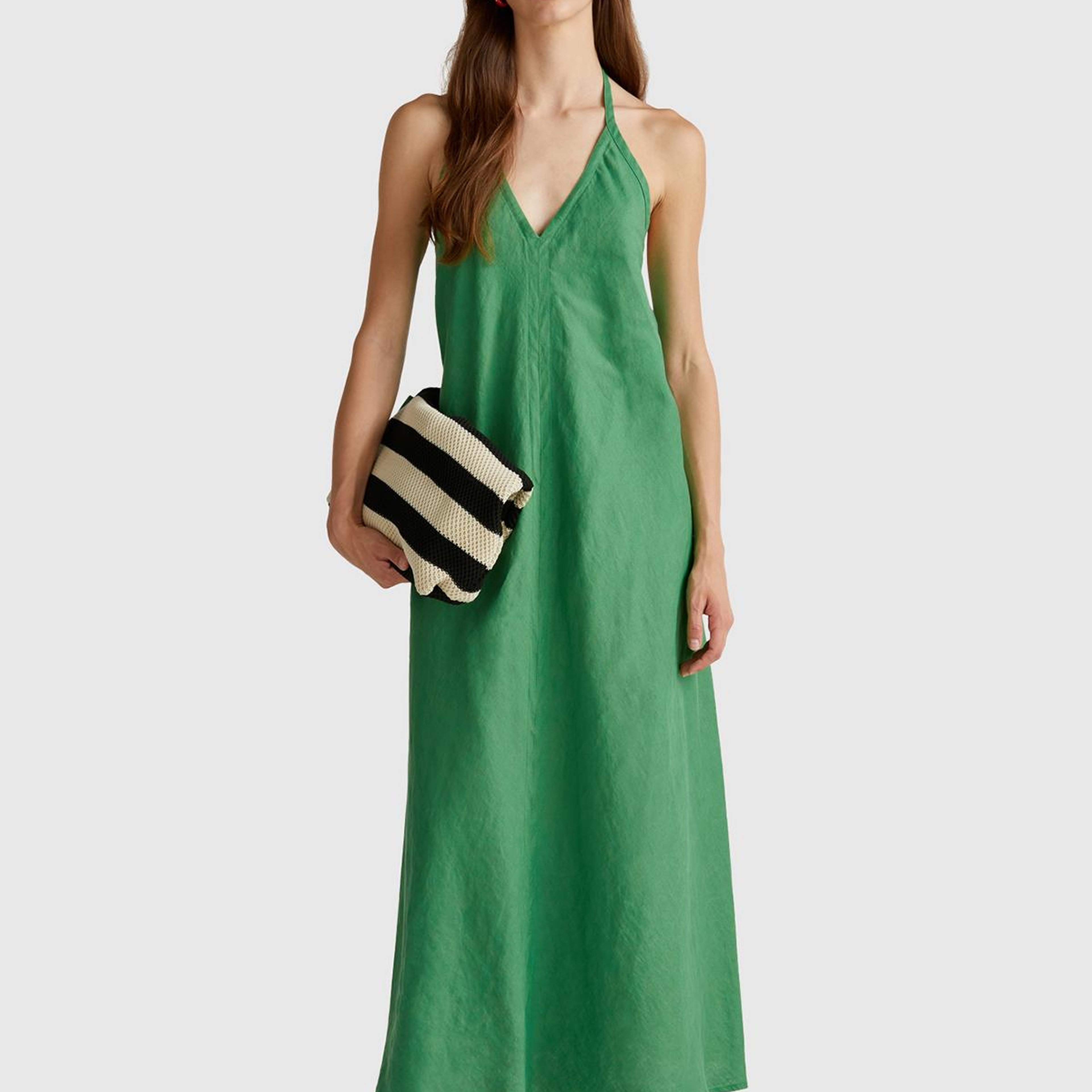 Kadın Yeşil %100 Keten Sırtı Açık Uzun Elbise