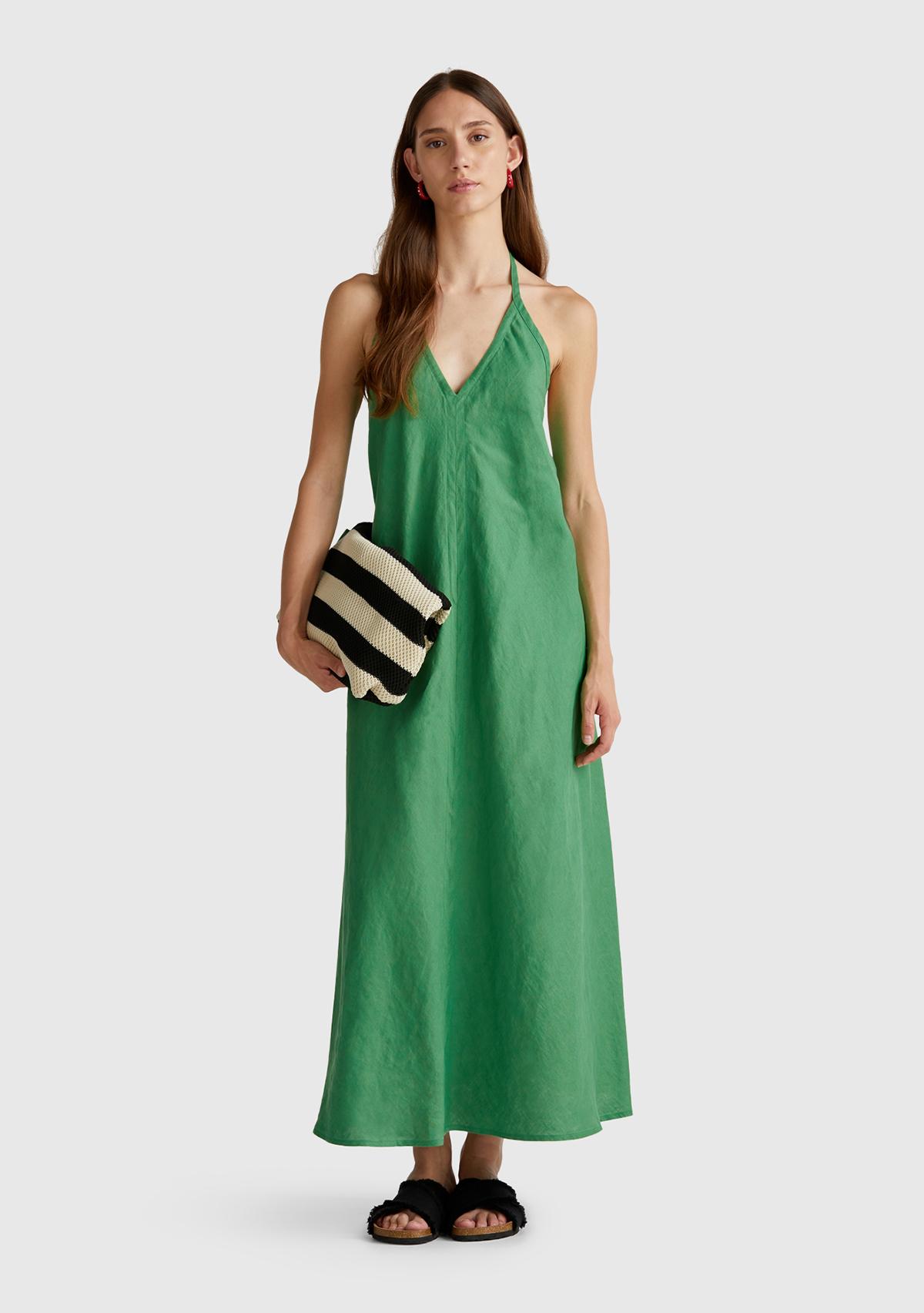 Kadın Yeşil %100 Keten Sırtı Açık Uzun Elbise
