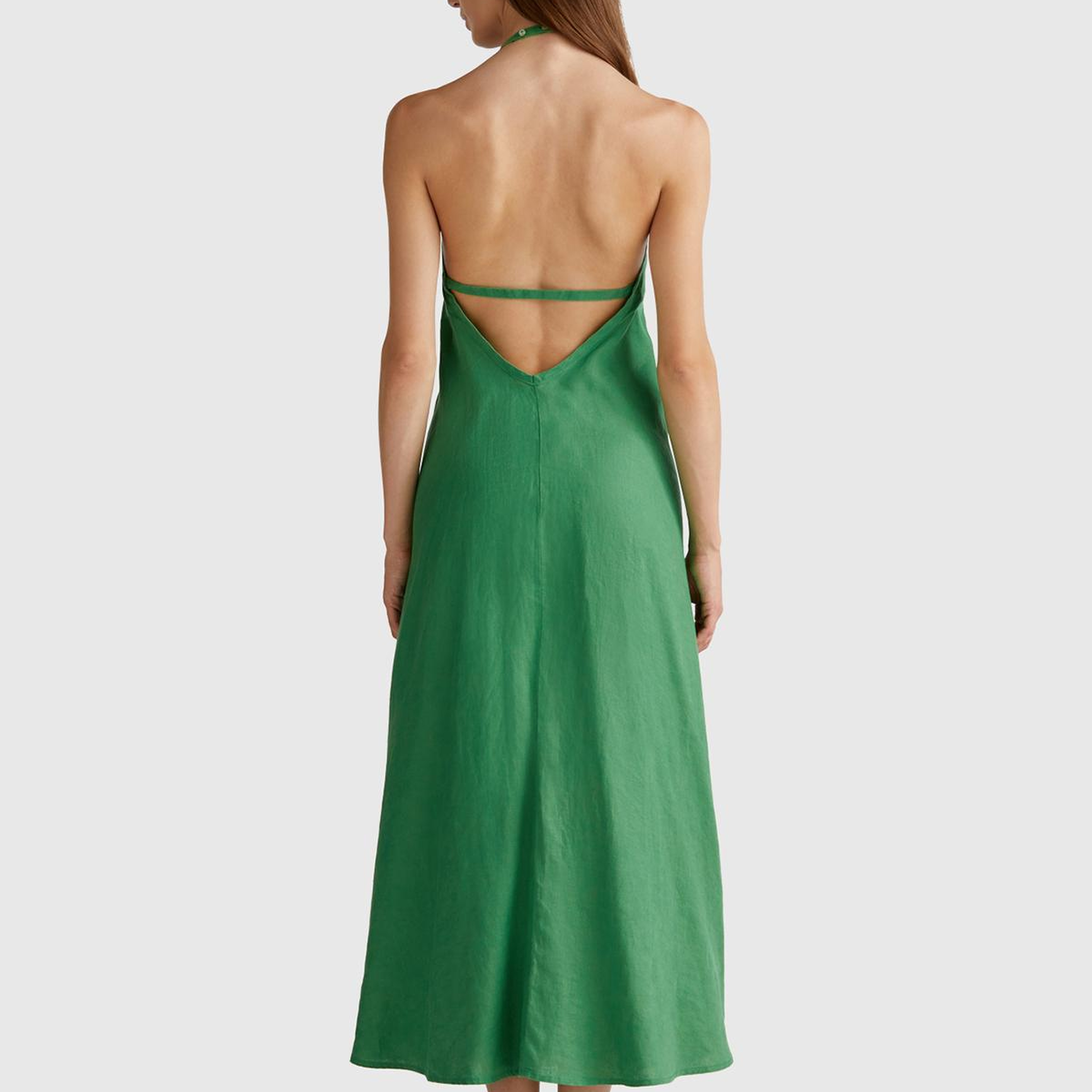 Kadın Yeşil %100 Keten Sırtı Açık Uzun Elbise