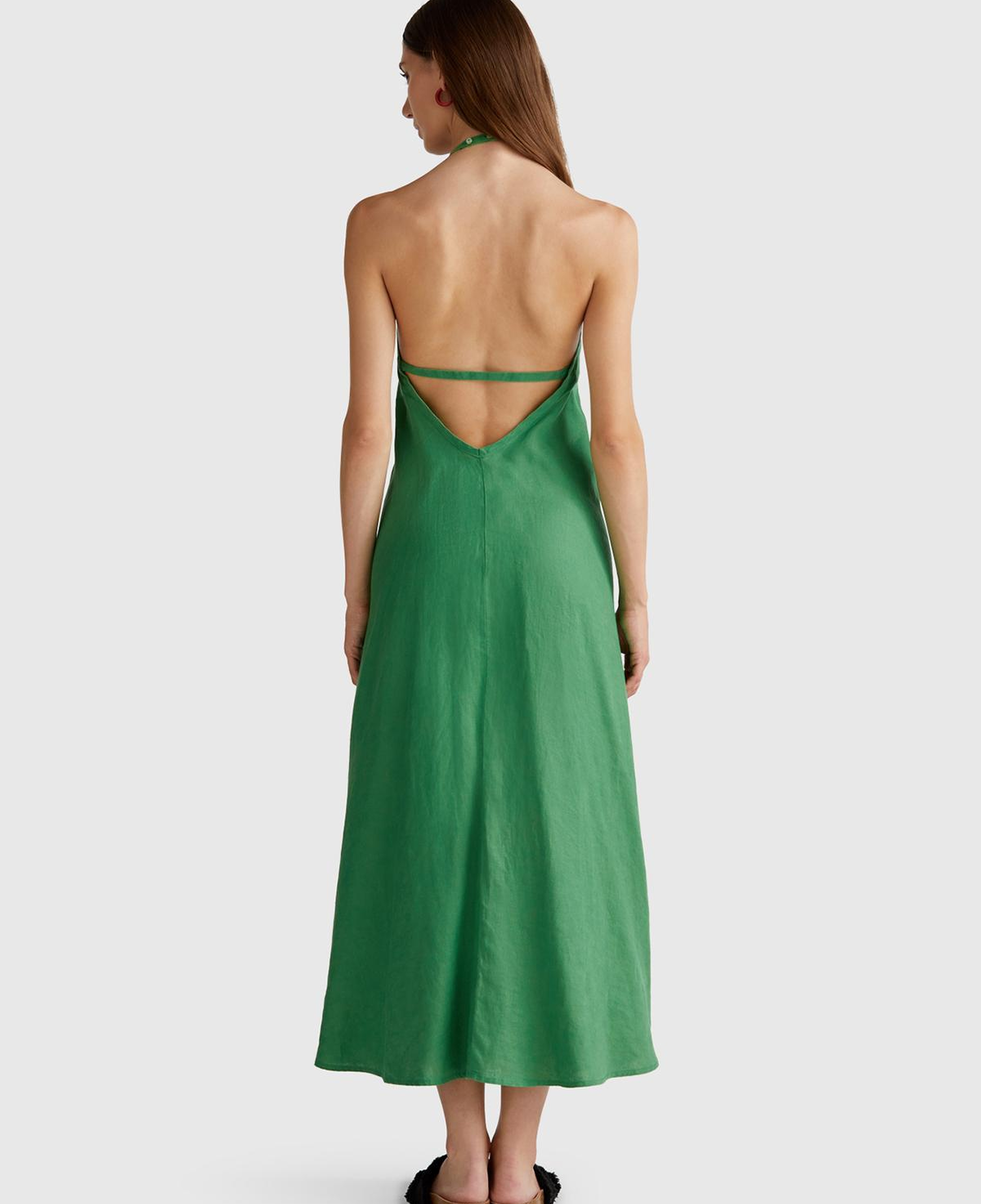 Kadın Yeşil %100 Keten Sırtı Açık Uzun Elbise