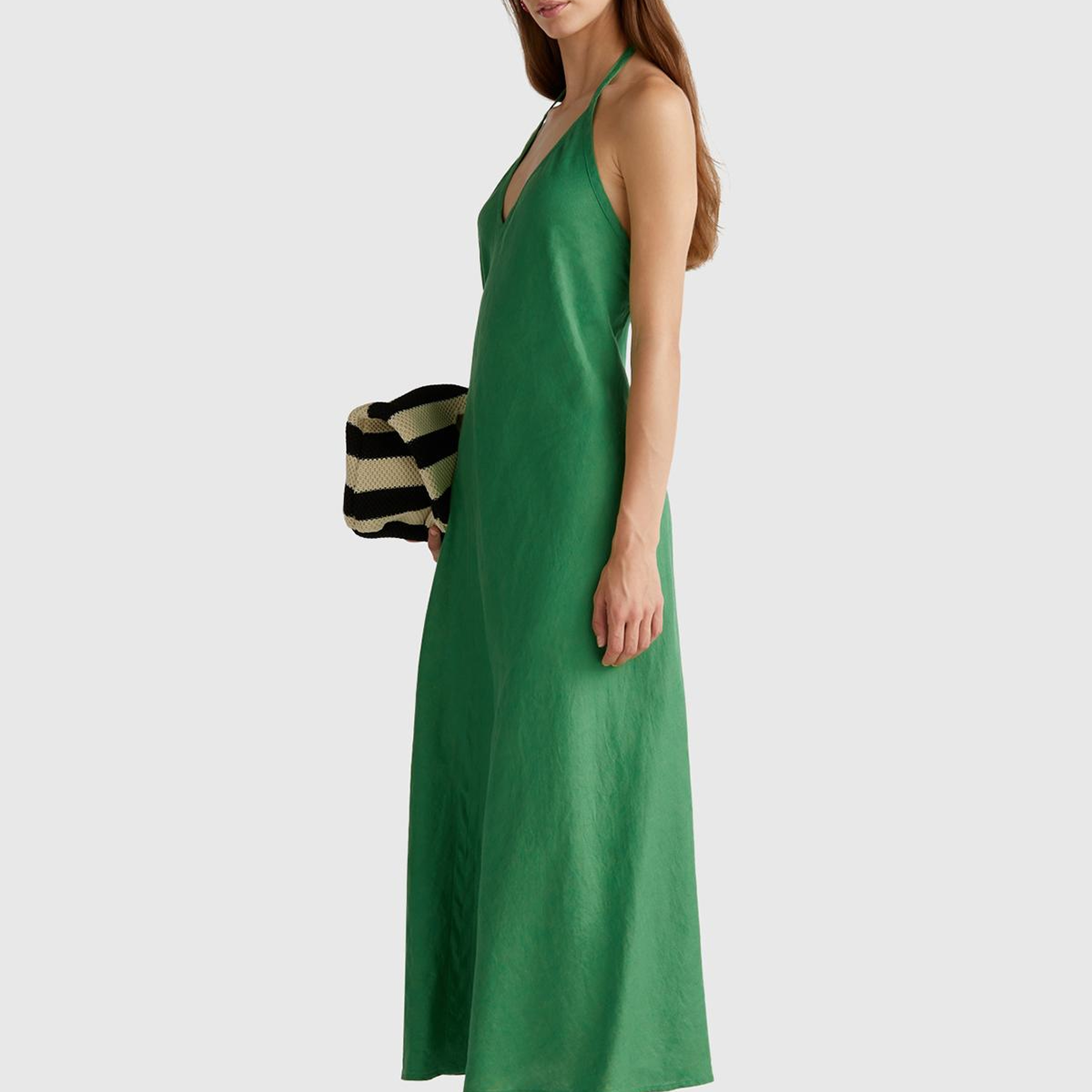 Kadın Yeşil %100 Keten Sırtı Açık Uzun Elbise