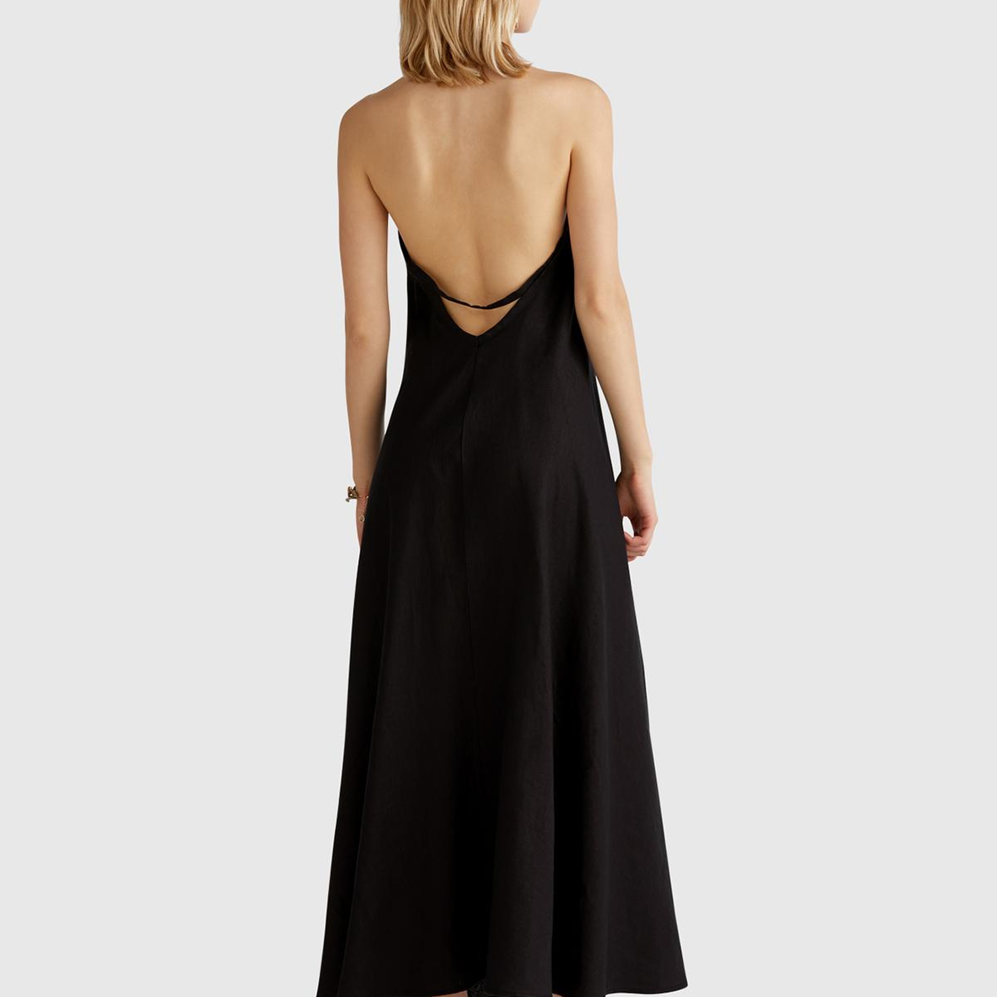 Kadın Siyah %100 Keten Sırtı Açık Uzun Elbise