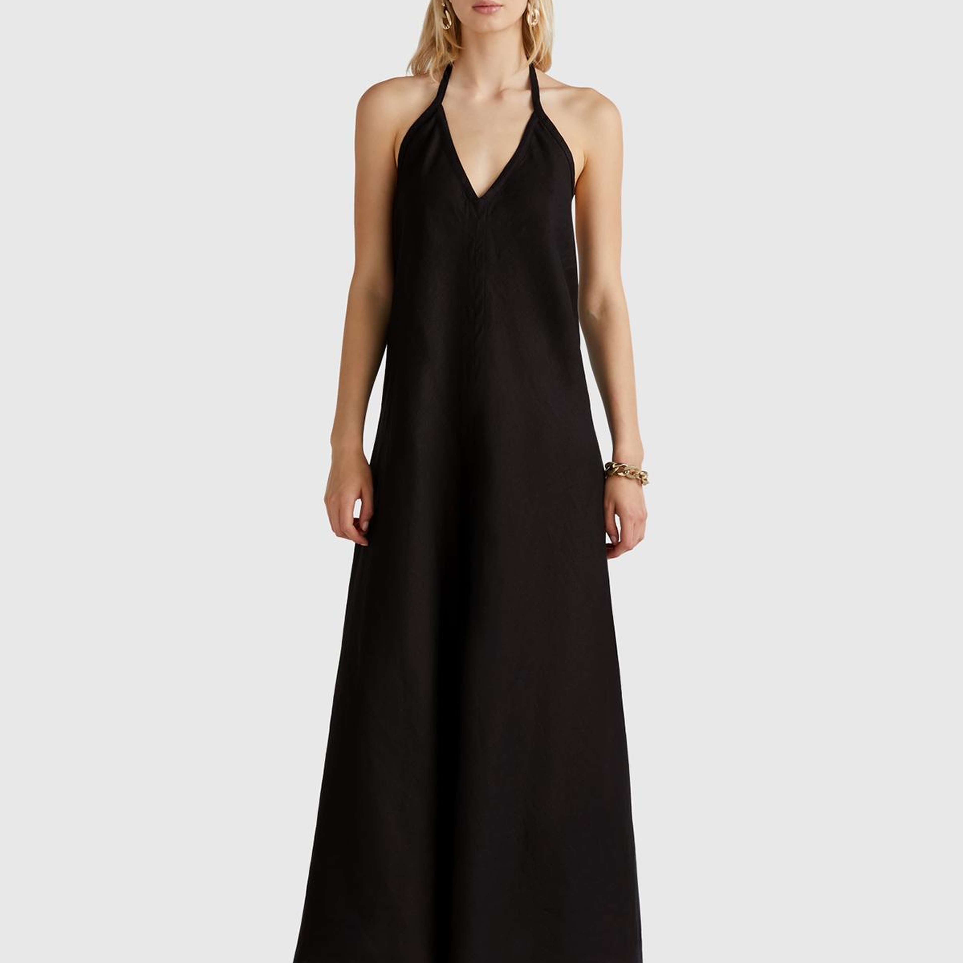 Kadın Siyah %100 Keten Sırtı Açık Uzun Elbise