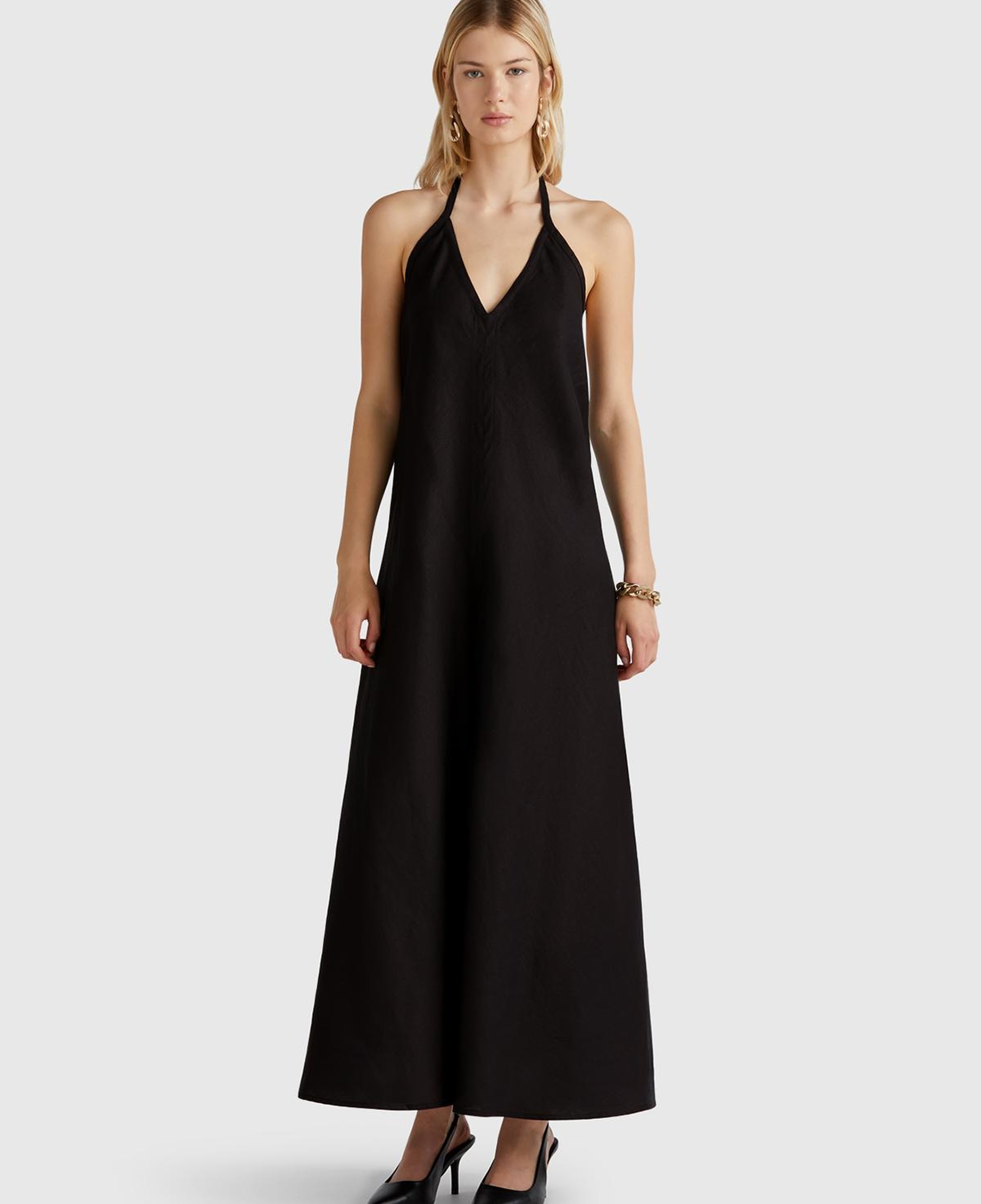 Kadın Siyah %100 Keten Sırtı Açık Uzun Elbise