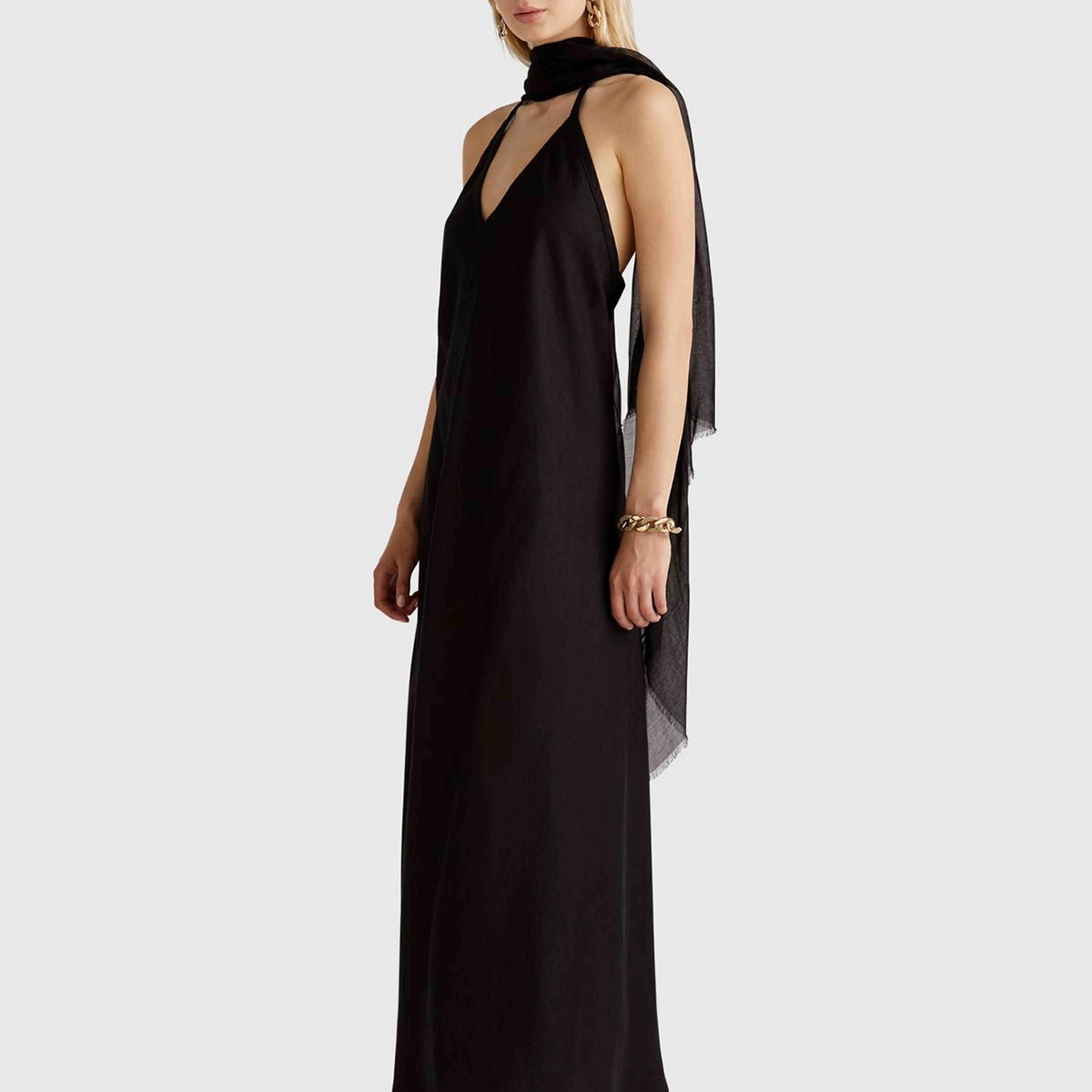 Kadın Siyah %100 Keten Sırtı Açık Uzun Elbise