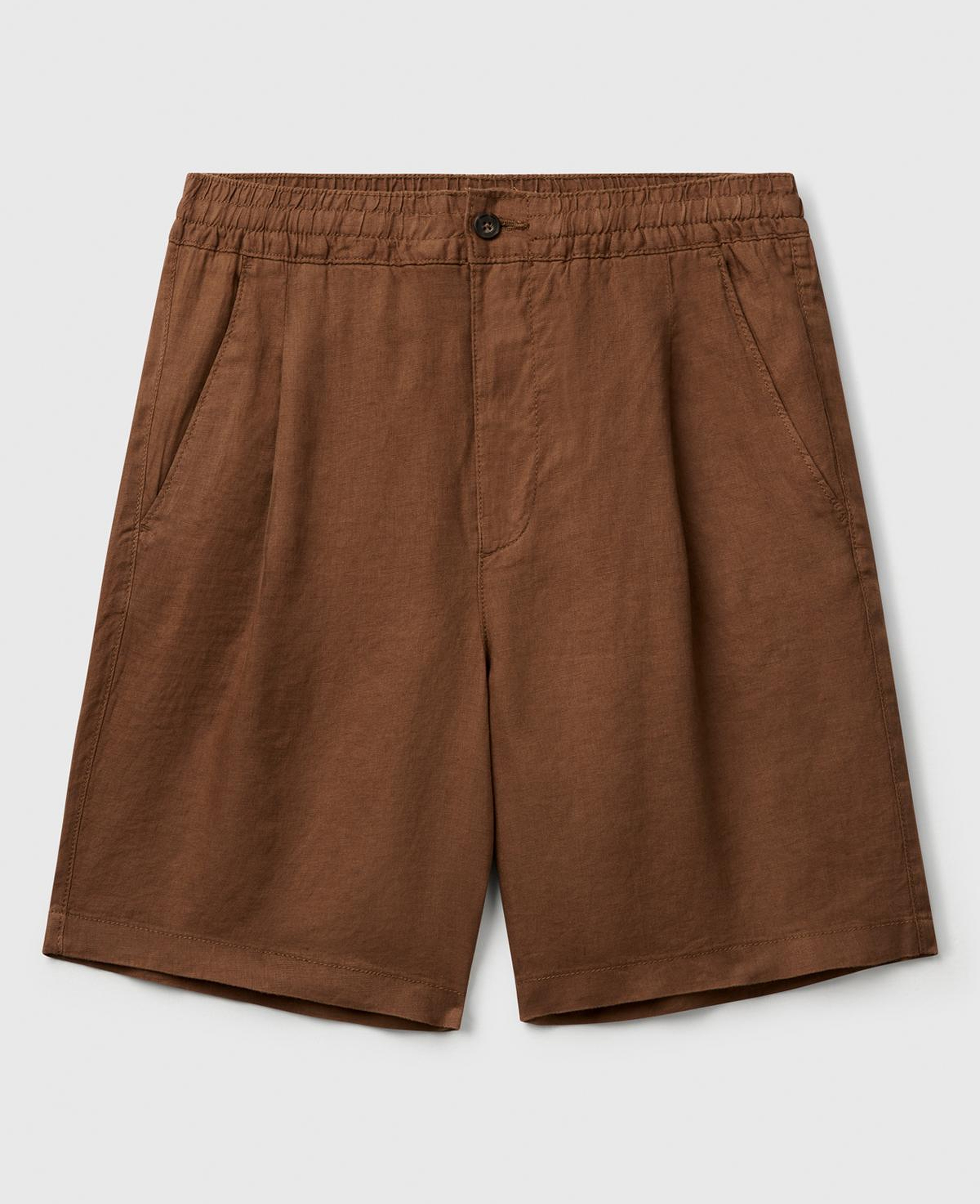 Erkek Kahverengi %100 Keten Büzgü İpli Düğmeli Pile Detaylı Bermuda Şort