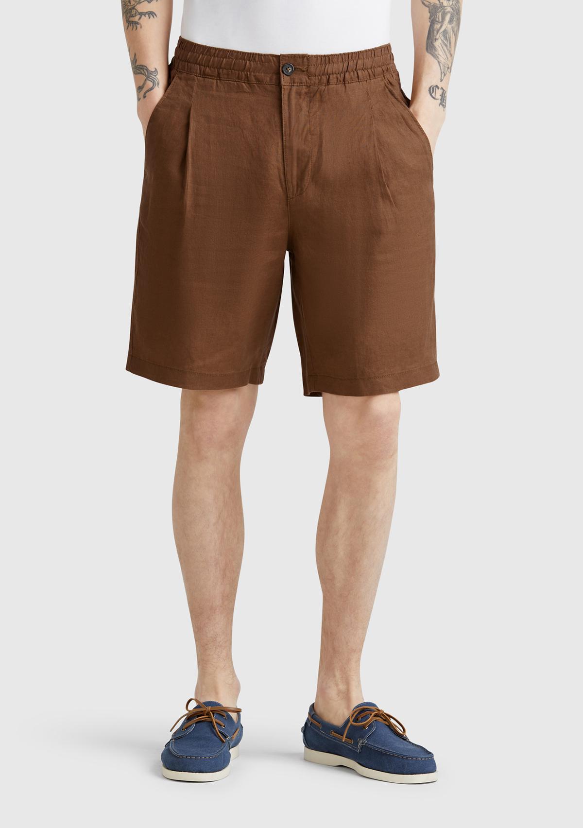 Erkek Kahverengi %100 Keten Büzgü İpli Düğmeli Pile Detaylı Bermuda Şort