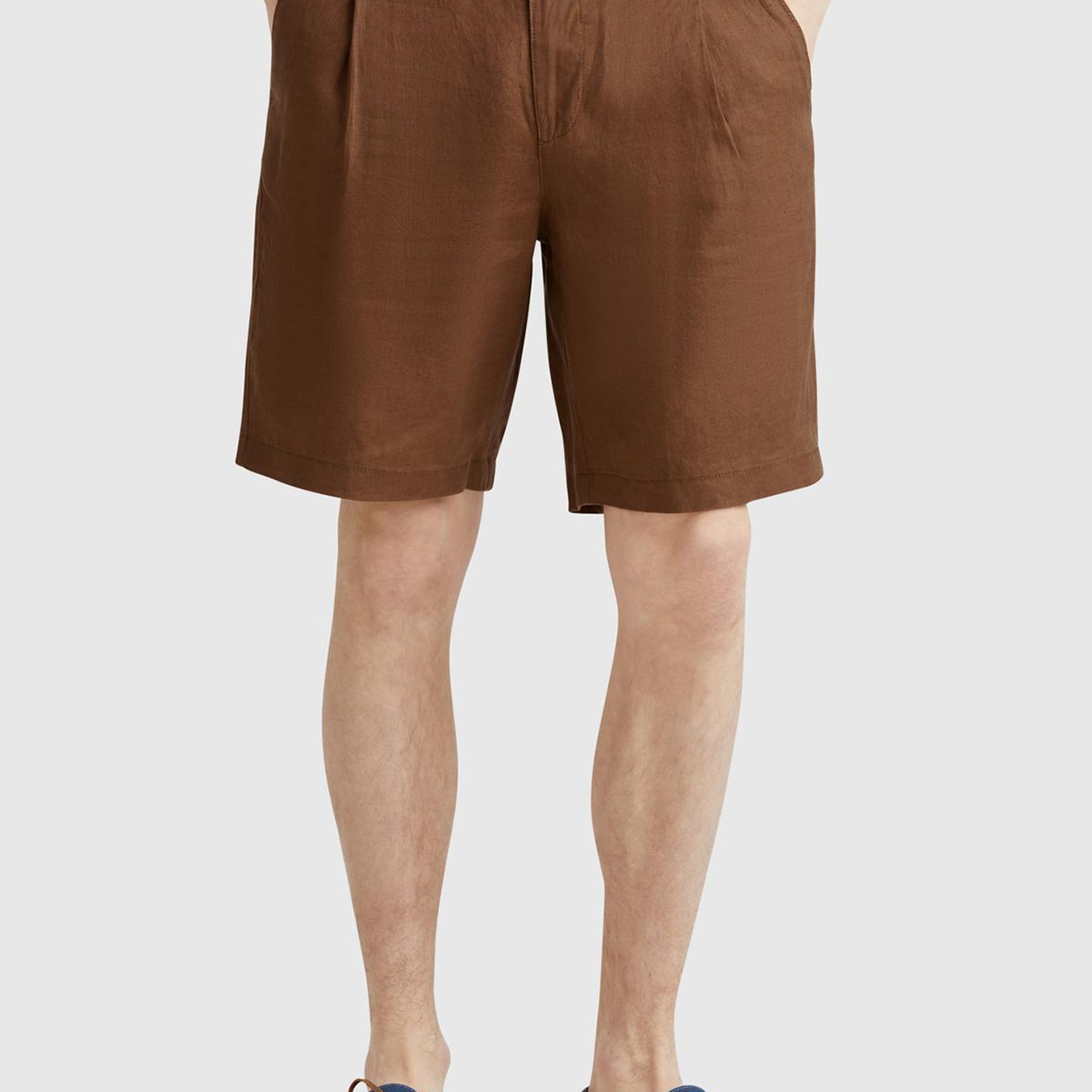 Erkek Kahverengi %100 Keten Büzgü İpli Düğmeli Pile Detaylı Bermuda Şort
