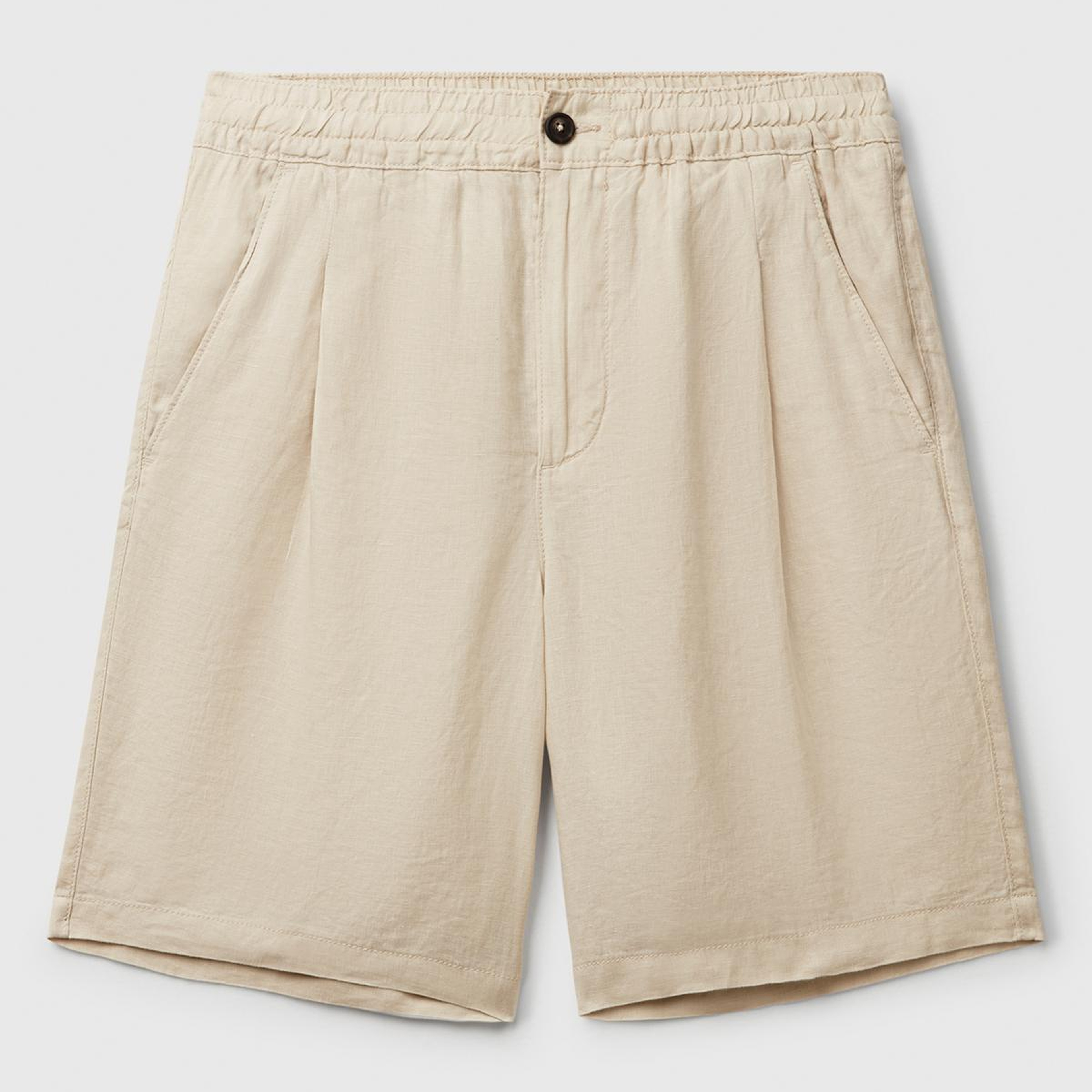 Erkek Taş Rengi %100 Keten Büzgü İpli Düğmeli Pile Detaylı Bermuda Şort