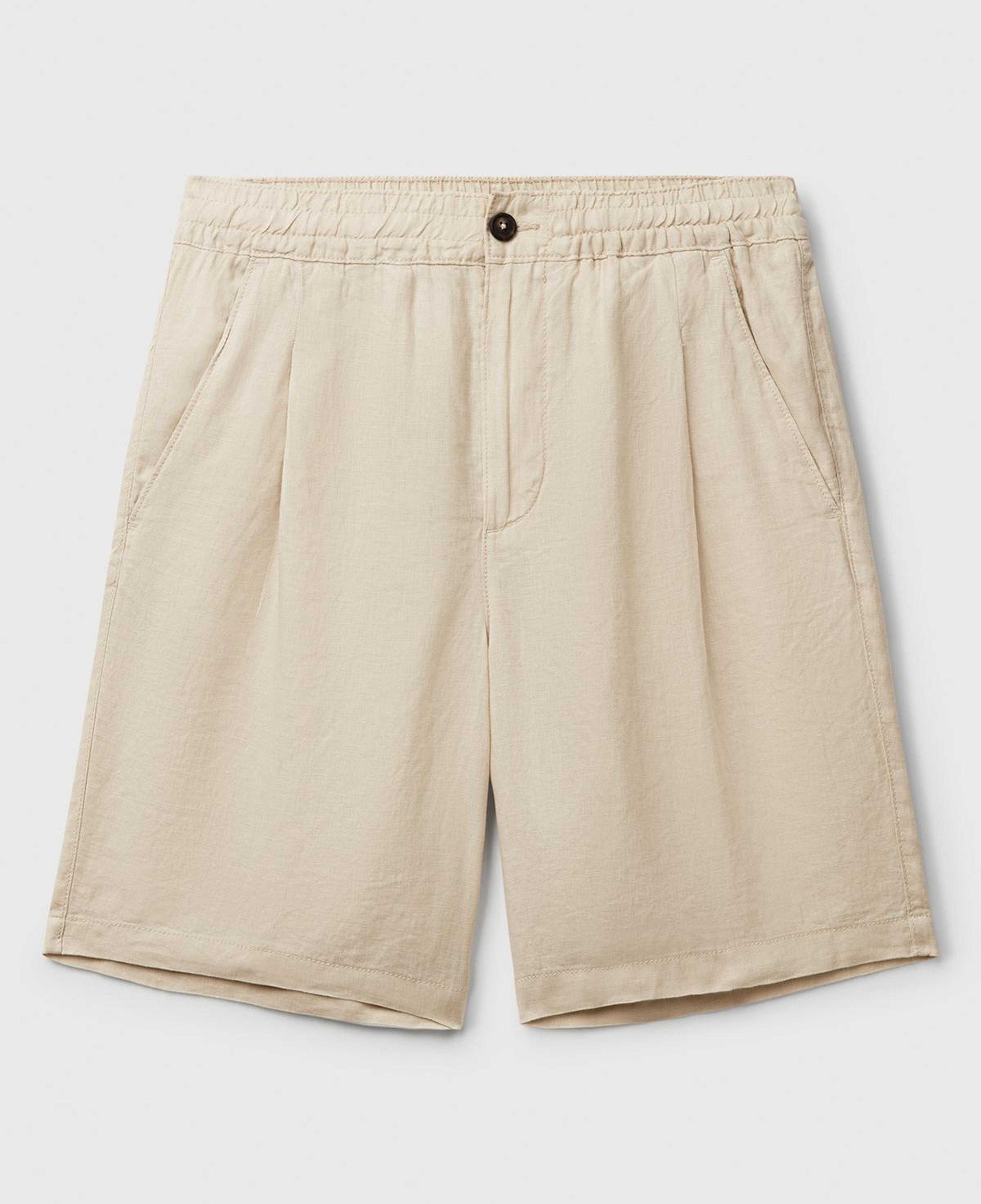 Erkek Taş Rengi %100 Keten Büzgü İpli Düğmeli Pile Detaylı Bermuda Şort