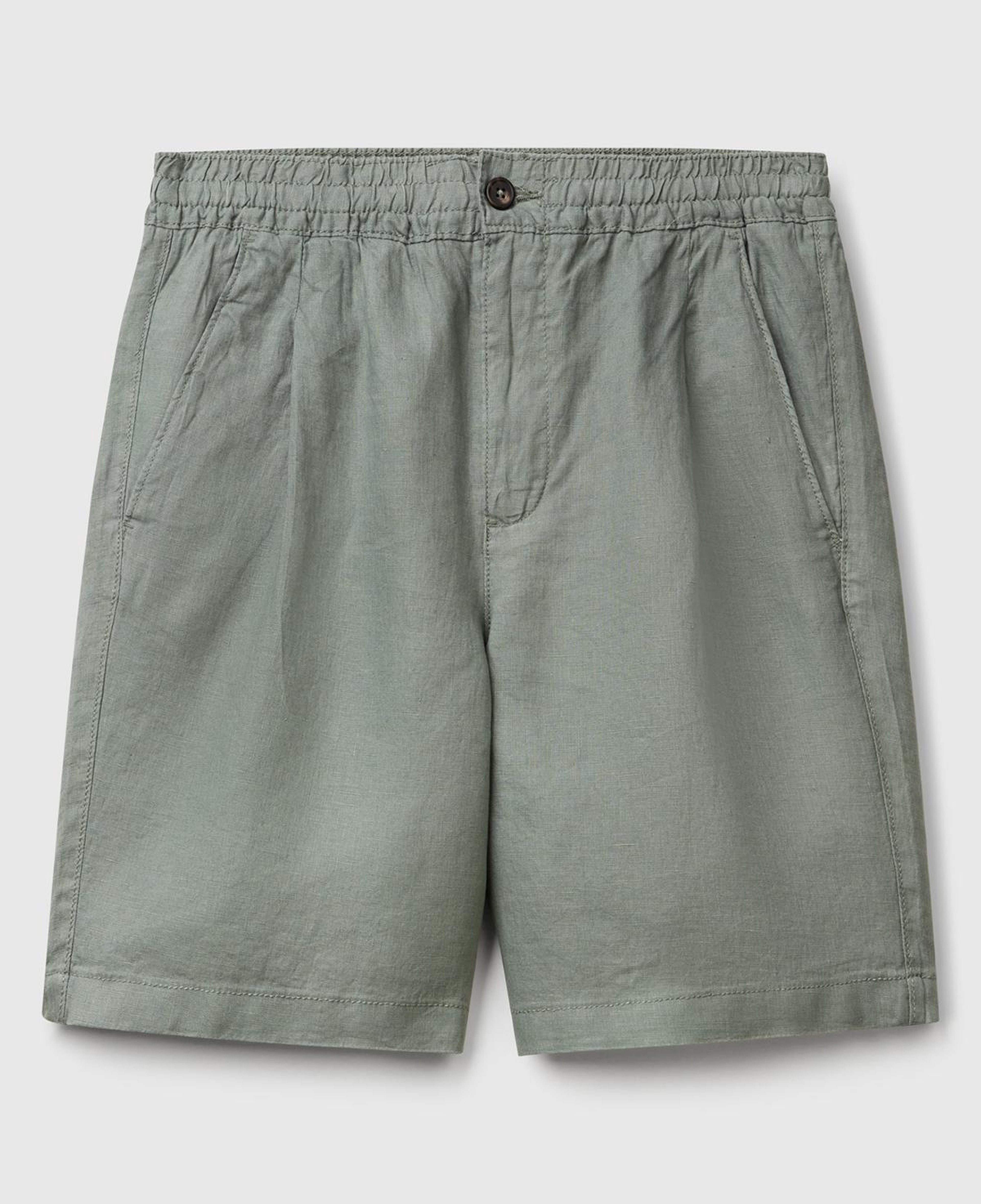 Erkek Soluk Yeşil %100 Keten Büzgü İpli Düğmeli Pile Detaylı Bermuda Şort