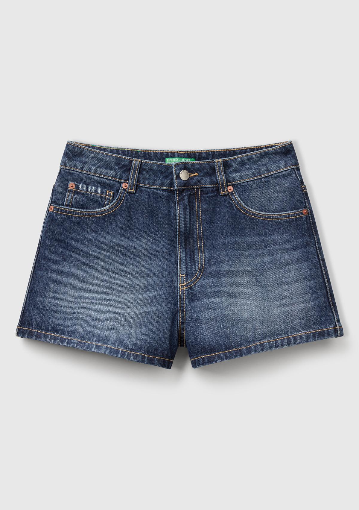 Kadın Koyu Mavi %100 Koton 5 Cepli Denim Şort