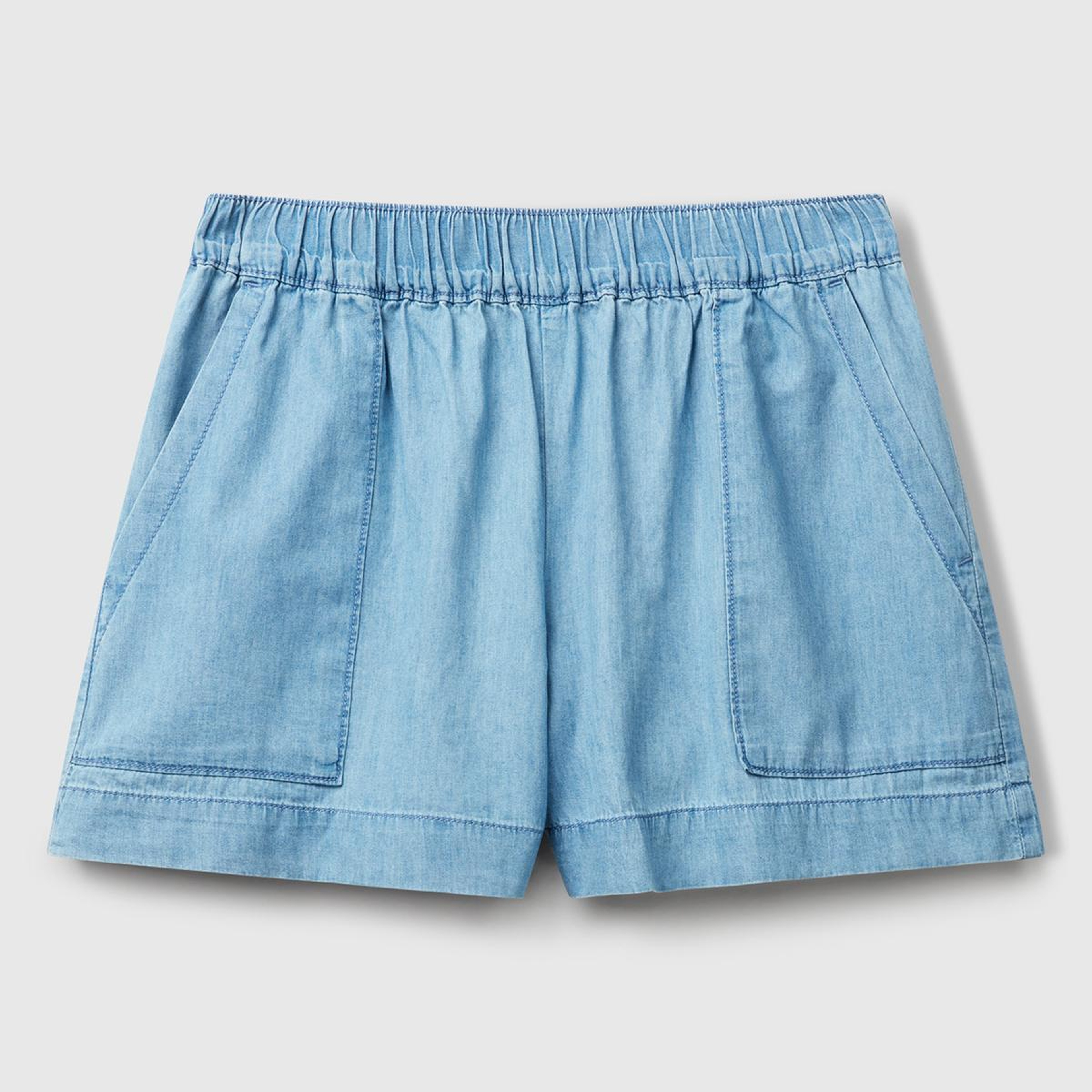 Kadın Açık Mavi %100 Koton Beli Lastikli Şamre Mini Şort