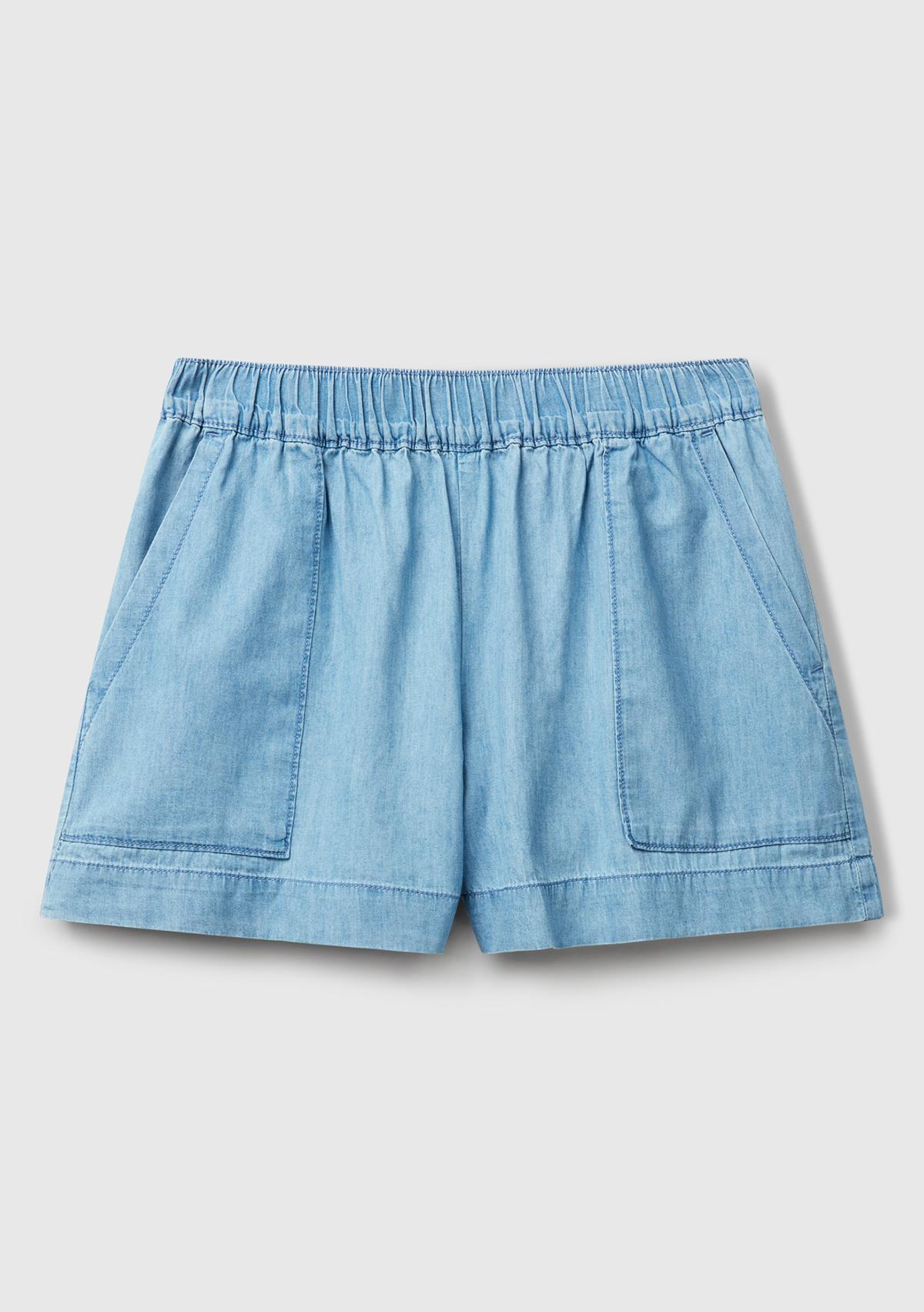 Kadın Açık Mavi %100 Koton Beli Lastikli Şamre Mini Şort