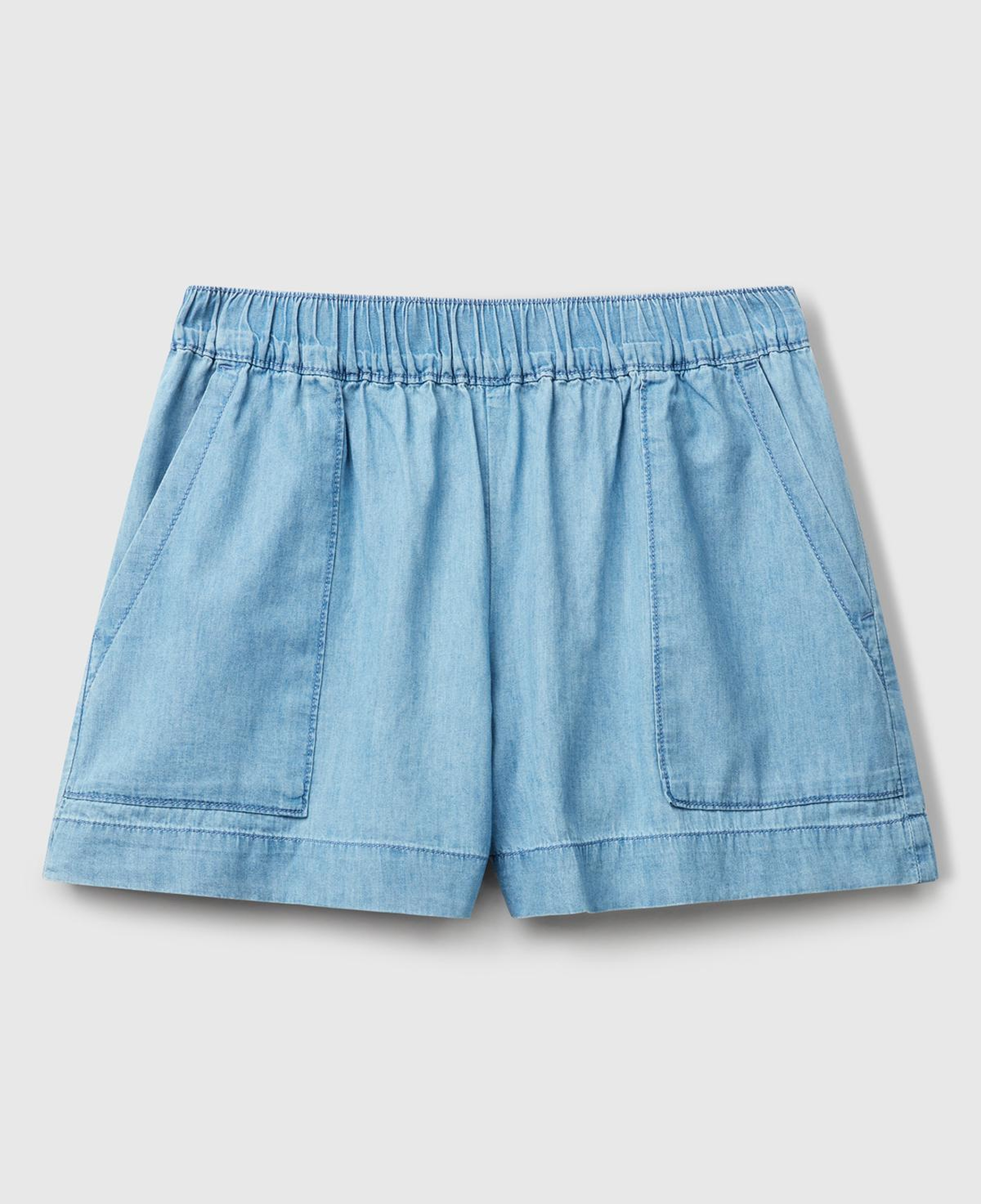 Kadın Açık Mavi %100 Koton Beli Lastikli Şamre Mini Şort