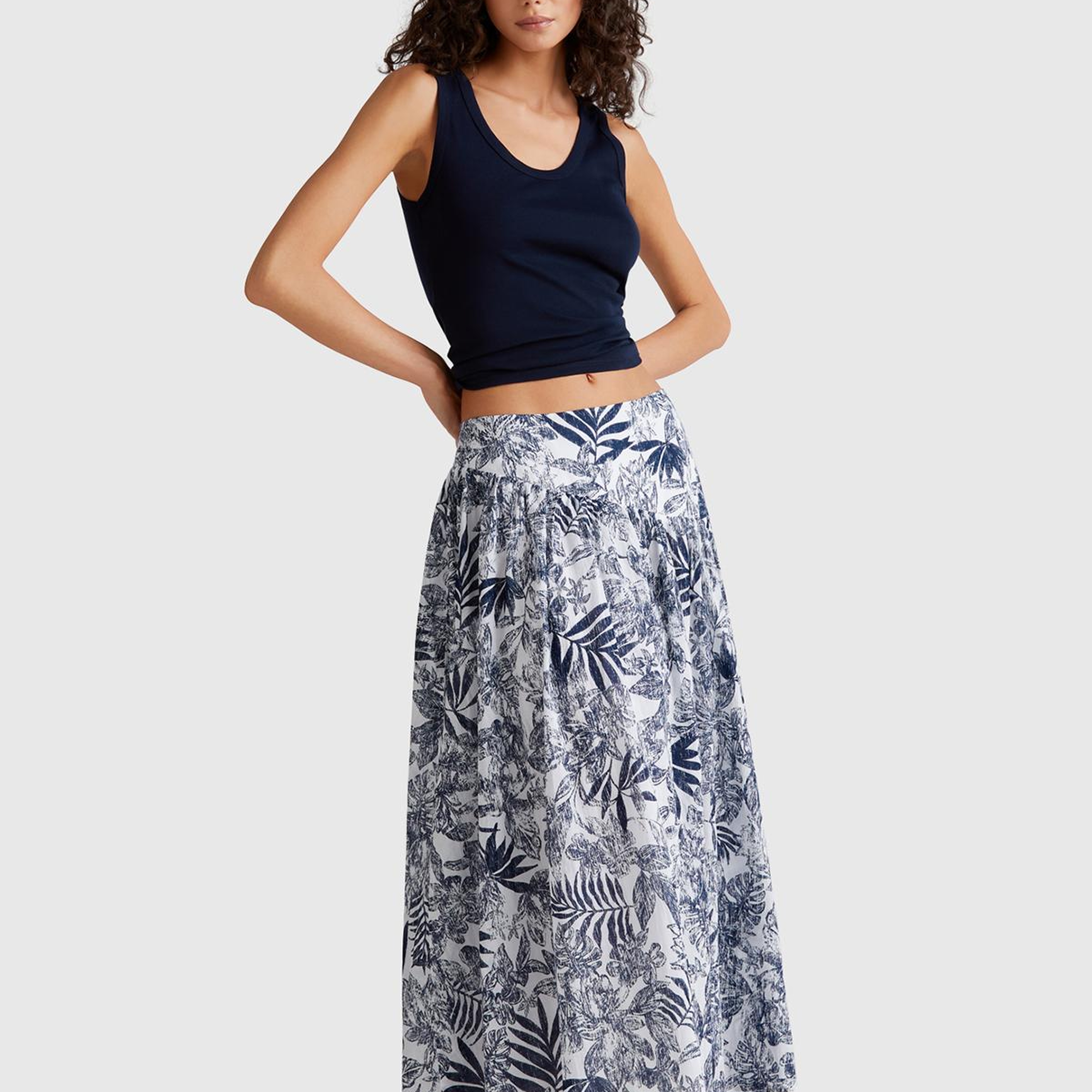 Kadın Mavi Mix %100 Koton Desenli Midi Boy Müslin Etek