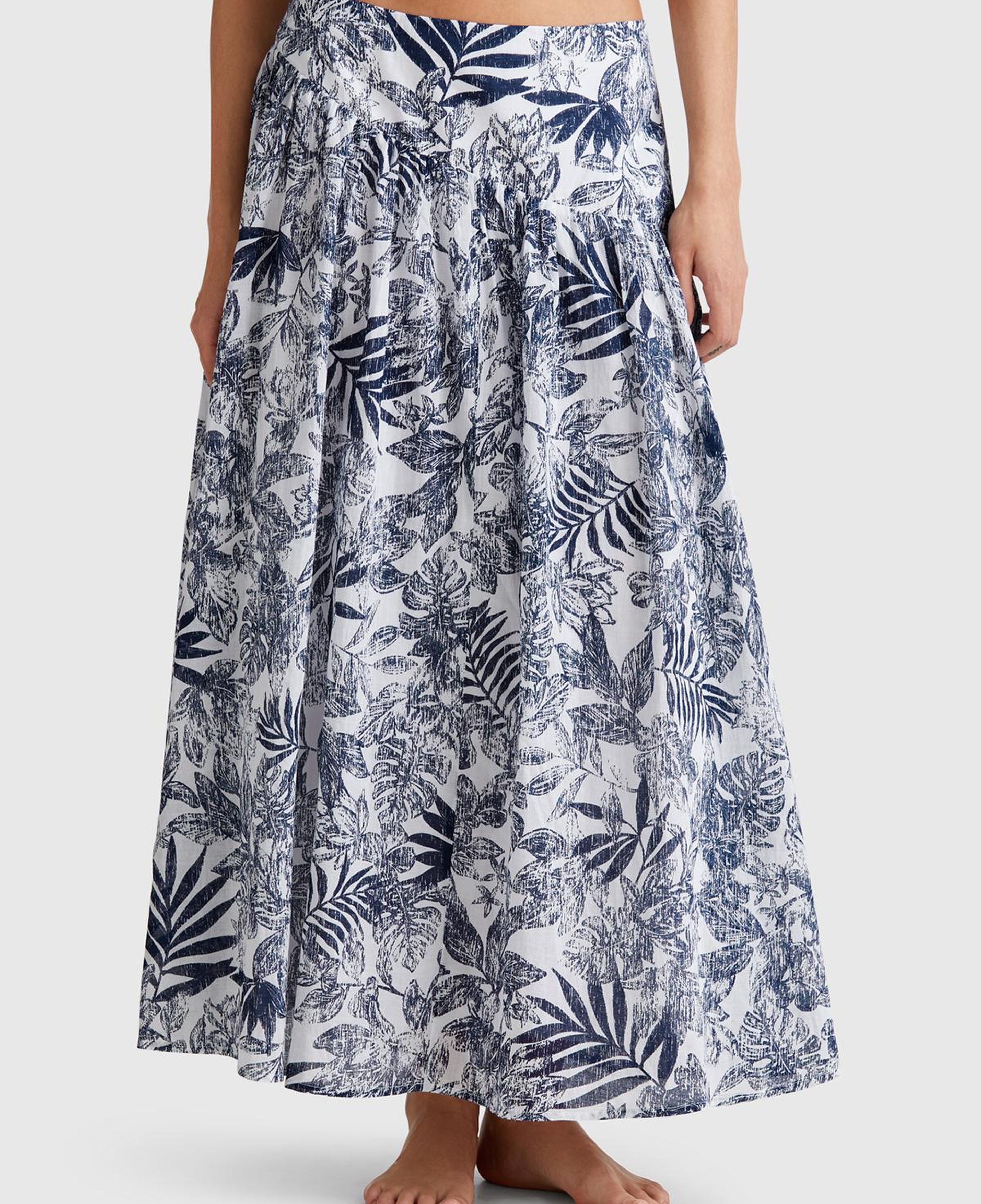 Kadın Mavi Mix %100 Koton Desenli Midi Boy Müslin Etek