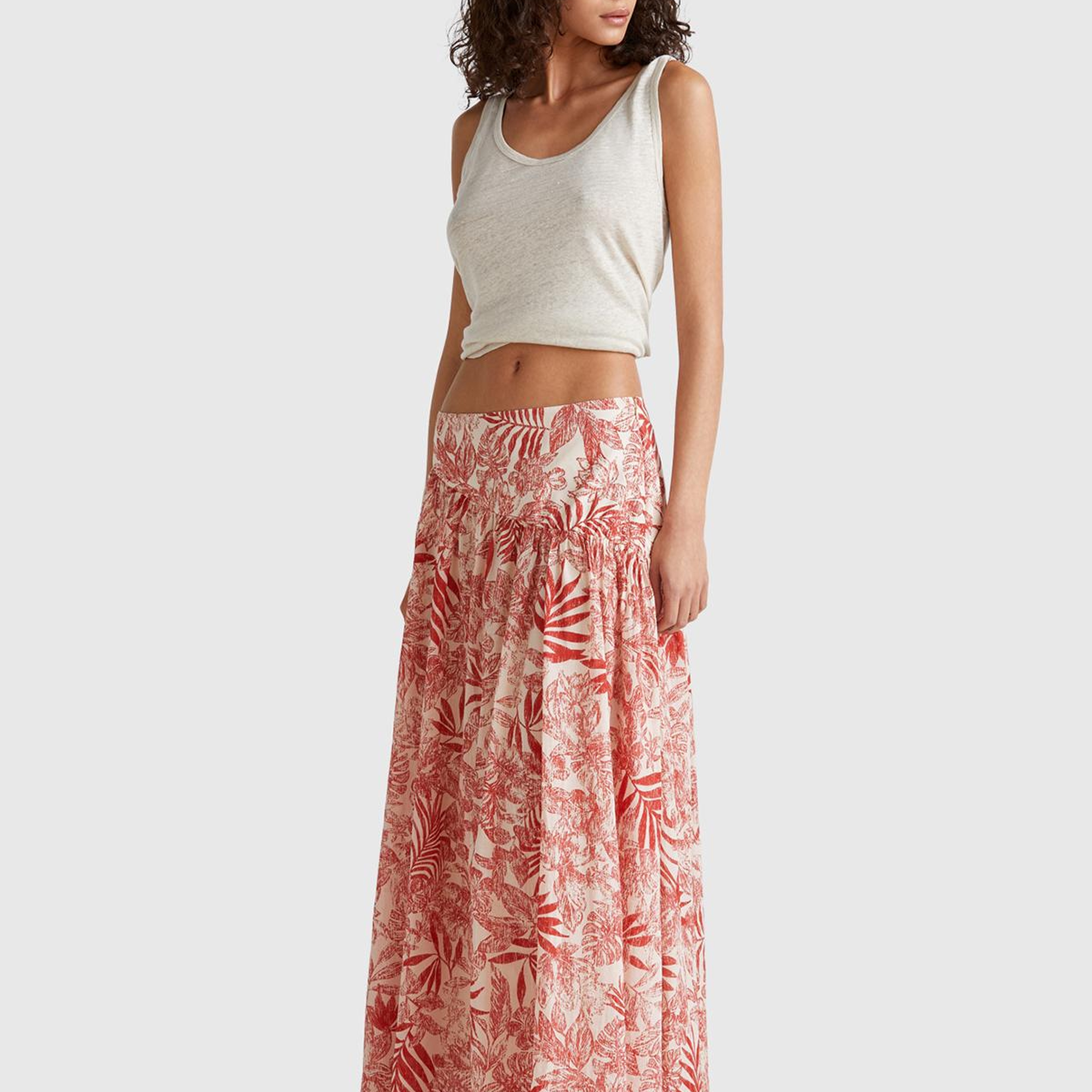 Kadın Mercan %100 Koton Desenli Midi Boy Müslin Etek