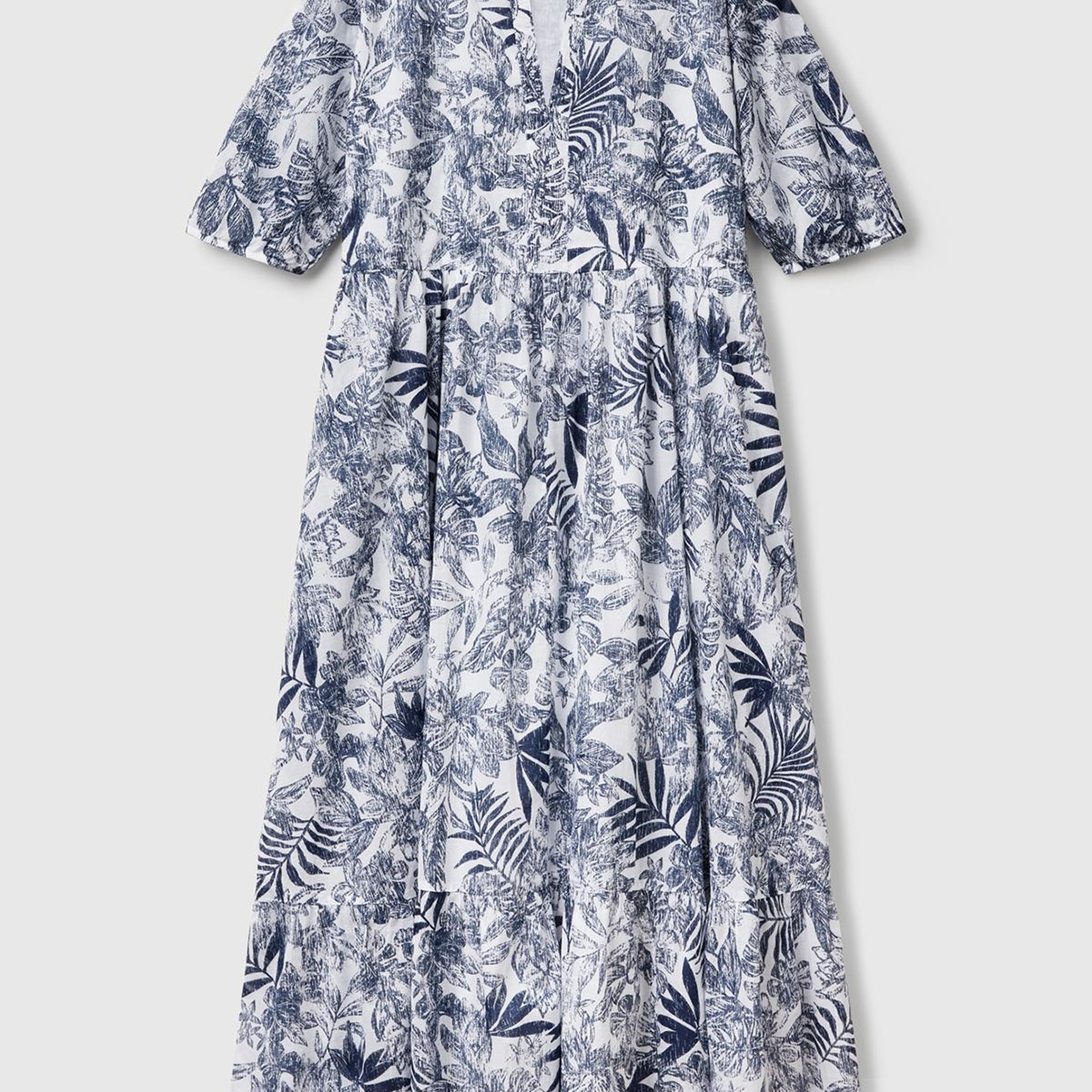 Kadın Mavi Mix %100 Koton Desenli V Yaka Kısa Kollu Uzun Müslin Elbise