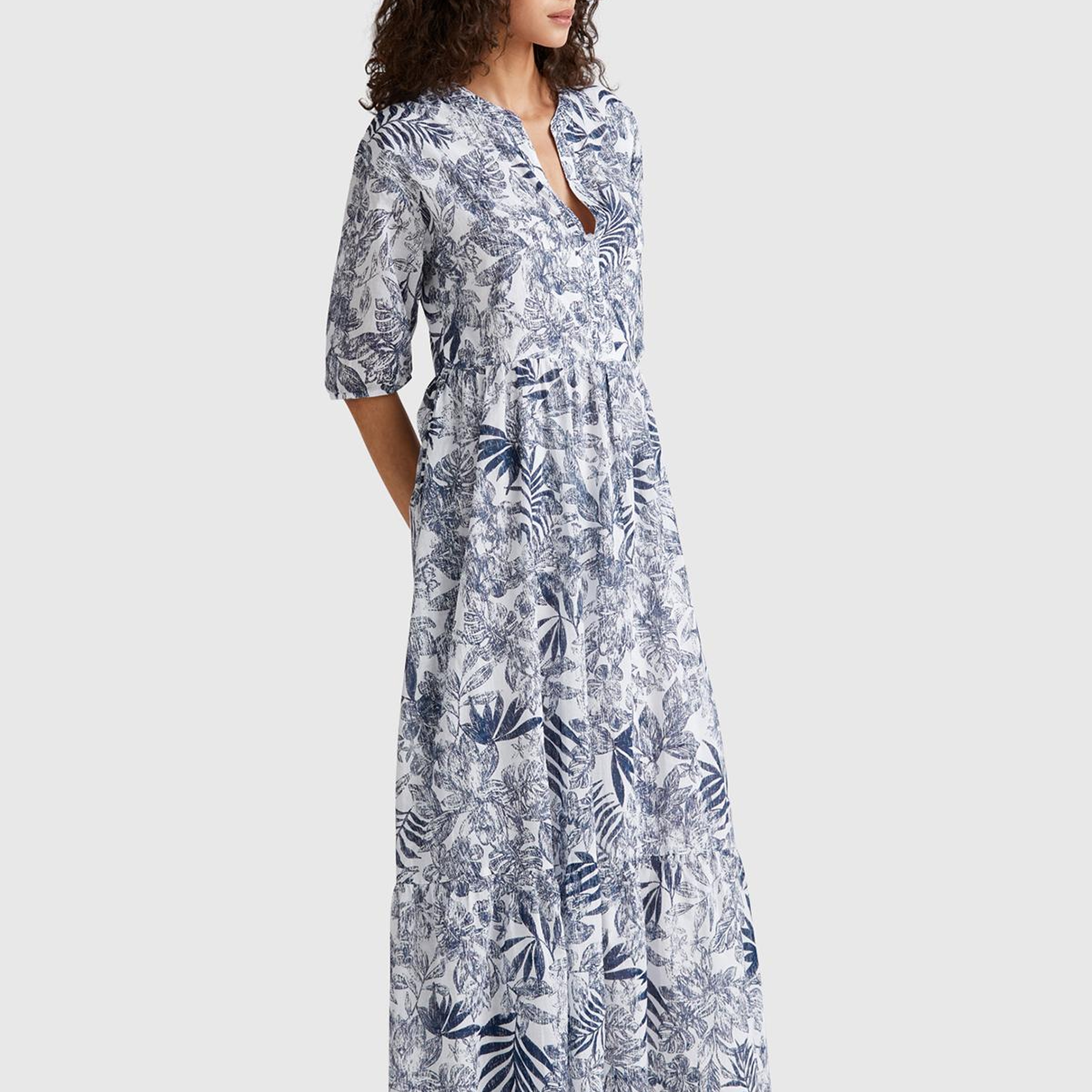 Kadın Mavi Mix %100 Koton Desenli V Yaka Kısa Kollu Uzun Müslin Elbise