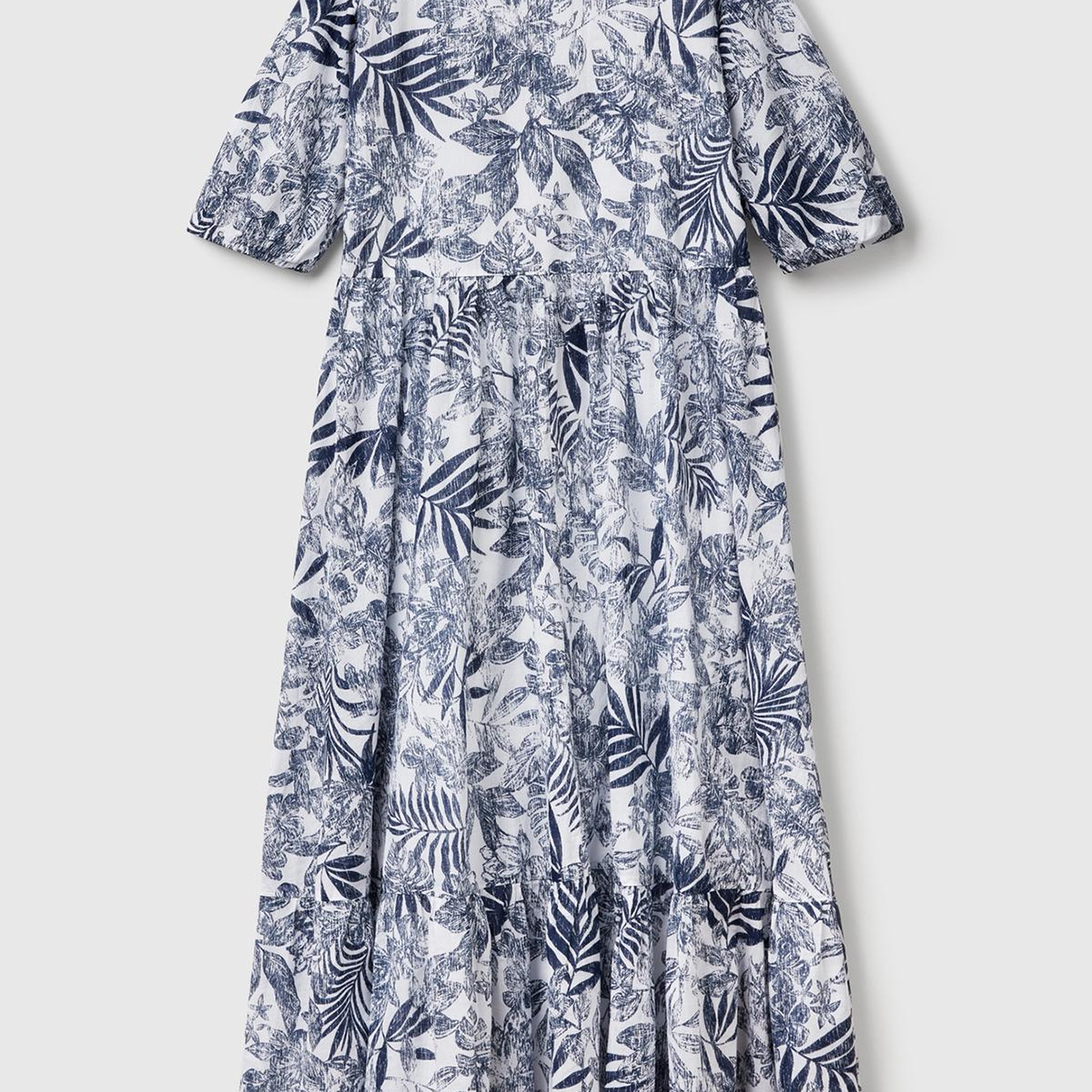 Kadın Mavi Mix %100 Koton Desenli V Yaka Kısa Kollu Uzun Müslin Elbise