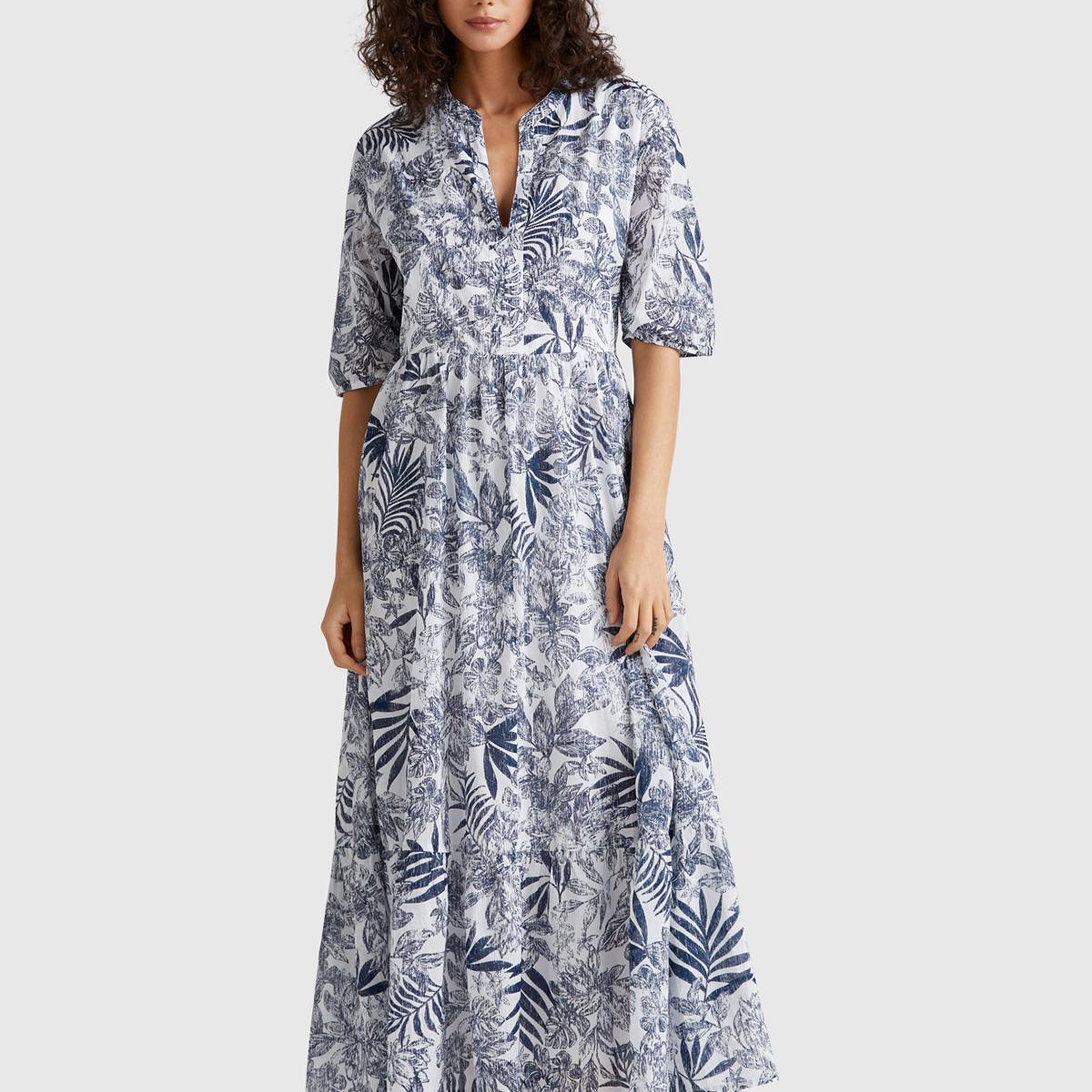 Kadın Mavi Mix %100 Koton Desenli V Yaka Kısa Kollu Uzun Müslin Elbise