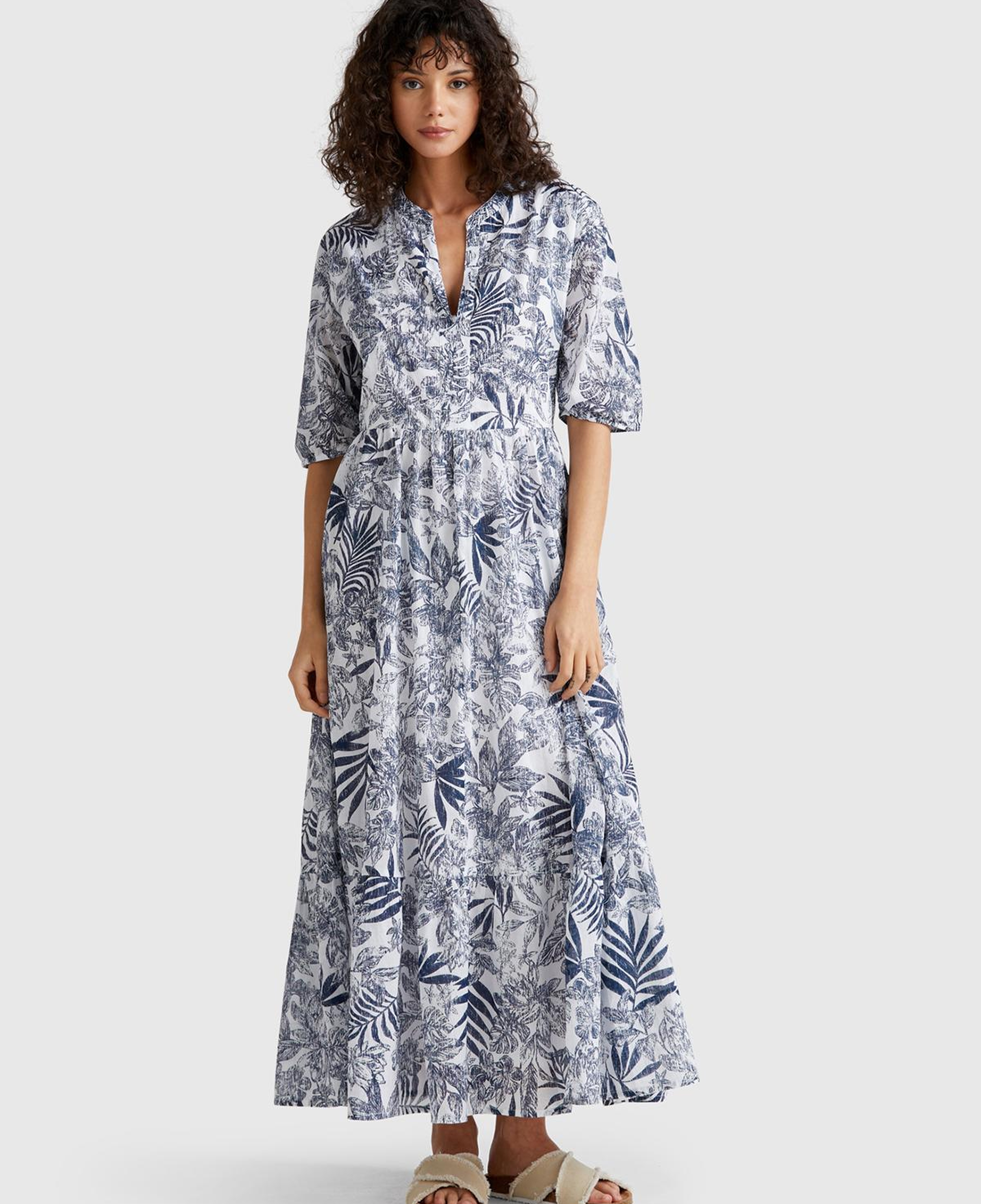 Kadın Mavi Mix %100 Koton Desenli V Yaka Kısa Kollu Uzun Müslin Elbise