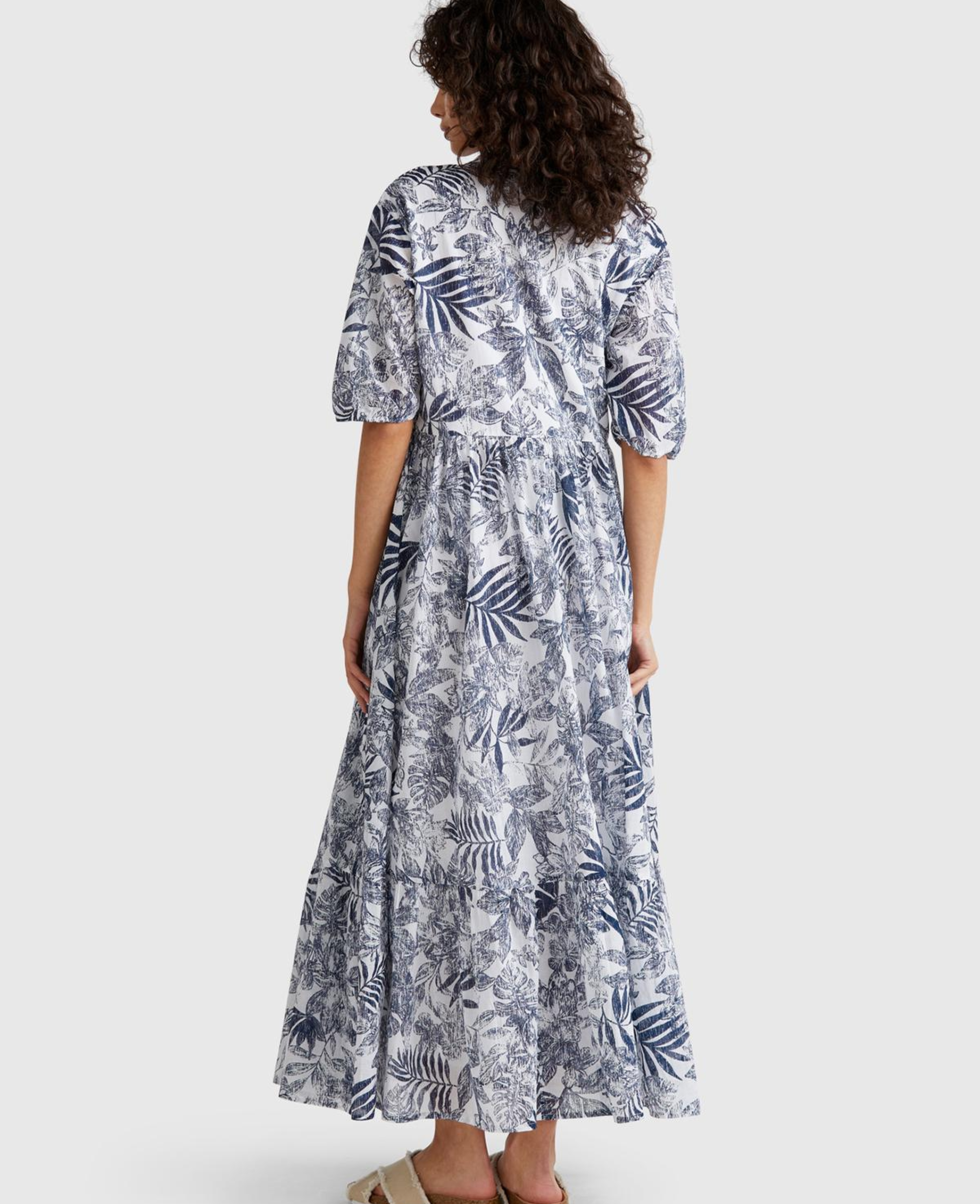 Kadın Mavi Mix %100 Koton Desenli V Yaka Kısa Kollu Uzun Müslin Elbise