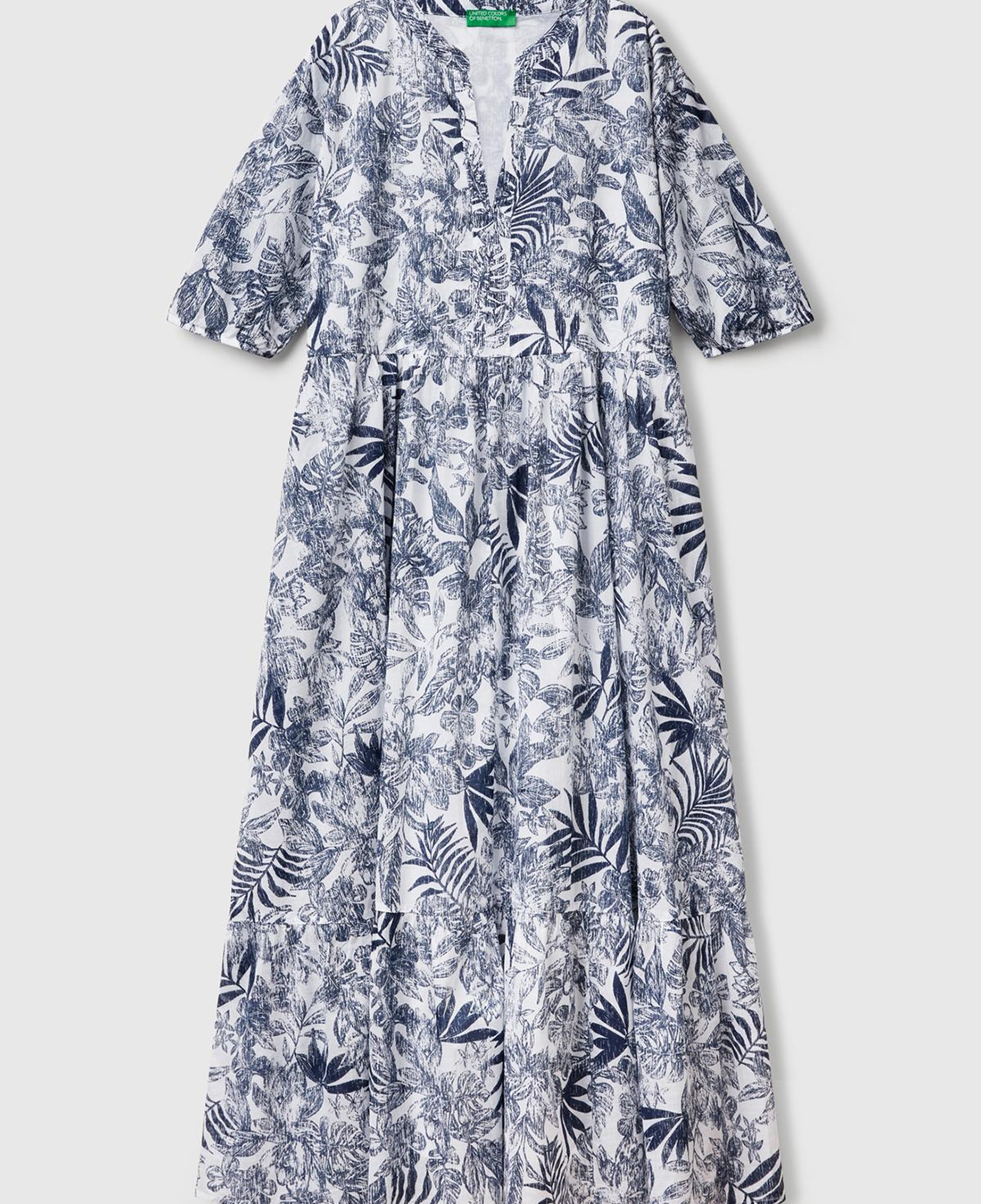 Kadın Mavi Mix %100 Koton Desenli V Yaka Kısa Kollu Uzun Müslin Elbise