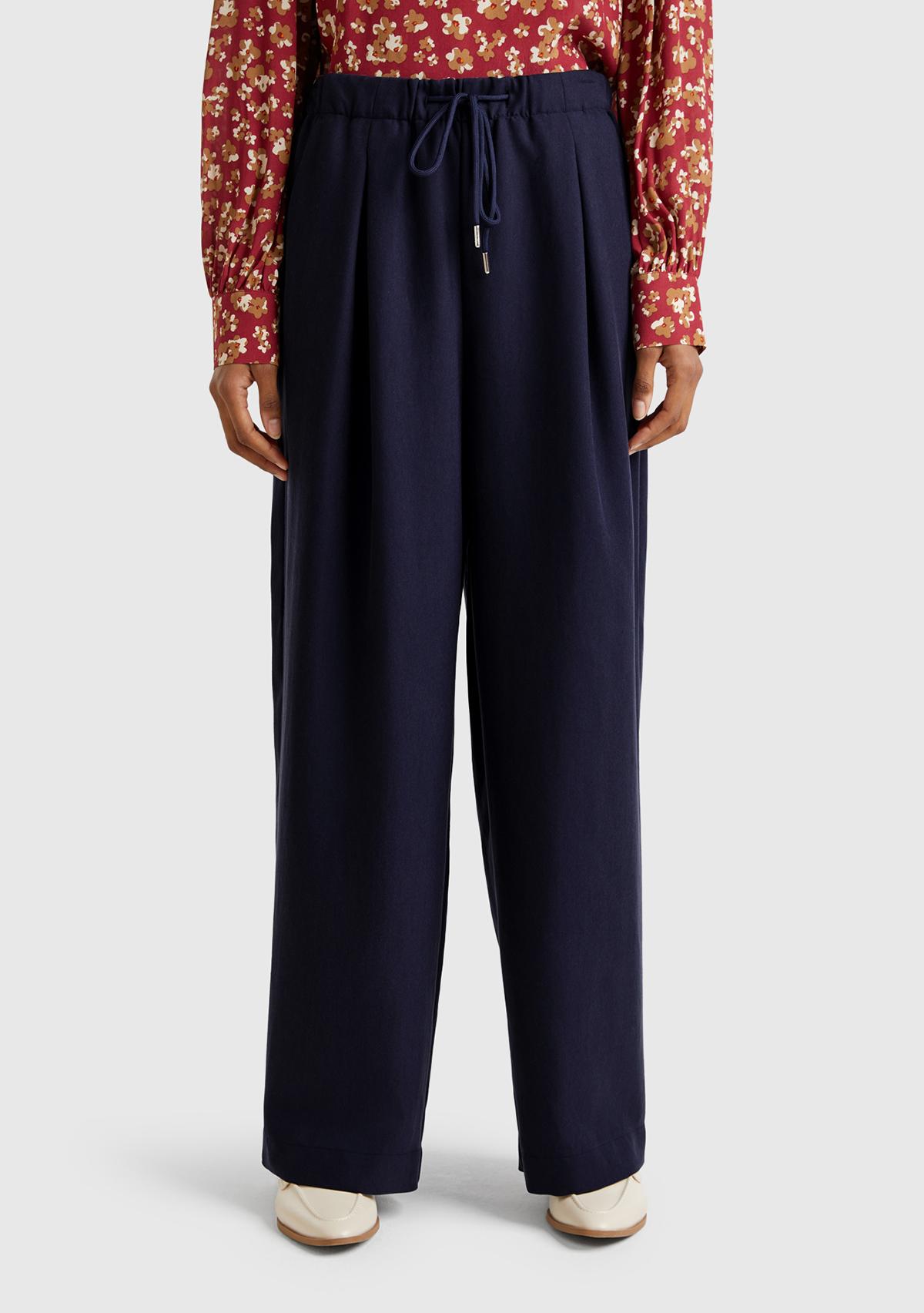 Kadın Lacivert Liyosel Karışımlı Beli Lastikli Geniş Paça Pantolon